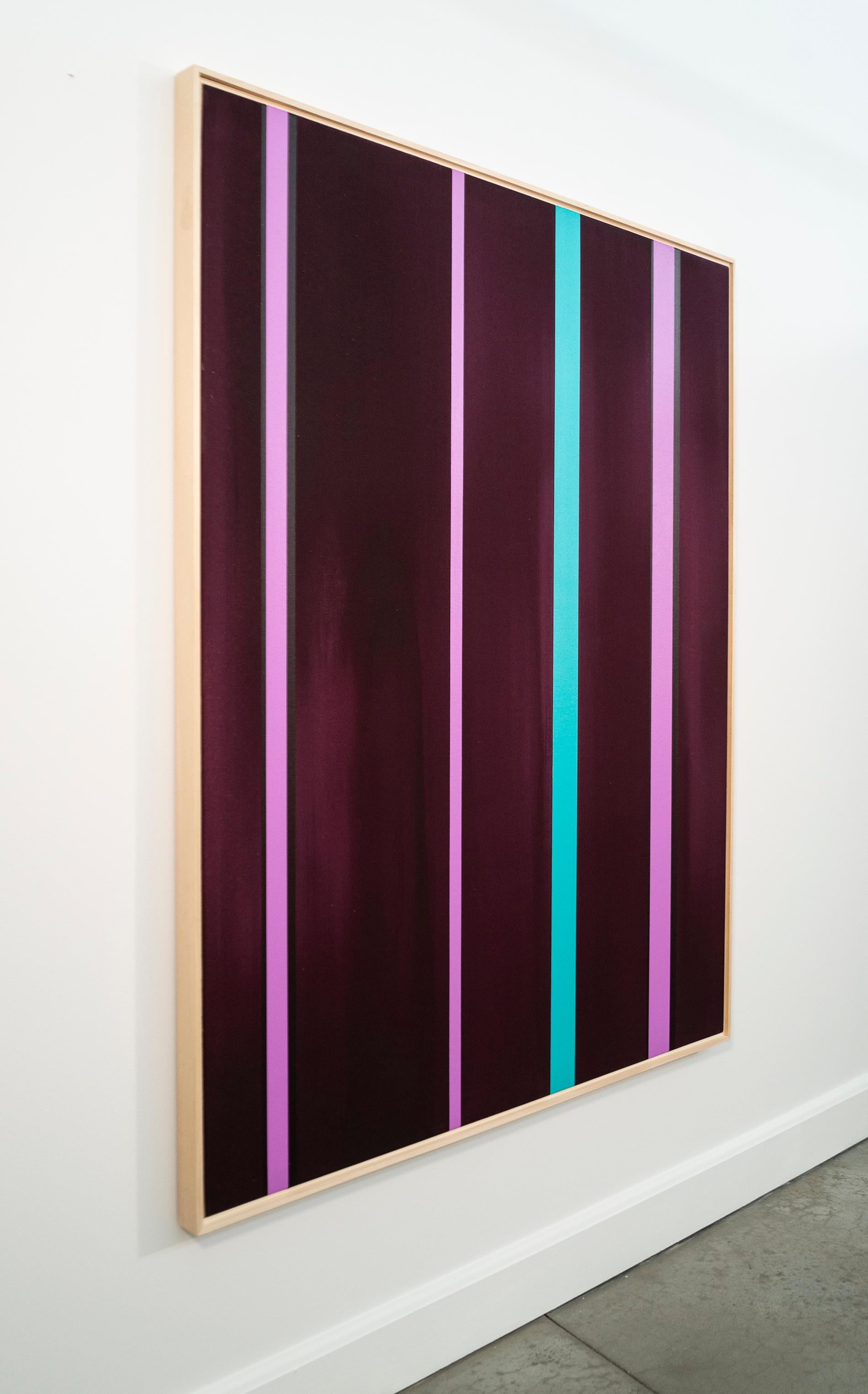 In this bold new abstract painting by Milly Ristvedt vertical lines of colour in various widths pop against a soft, fluid burgundy canvas. As always, the colour palette—bright pink, and turquoise is fresh and modern—a brilliant contrast to the