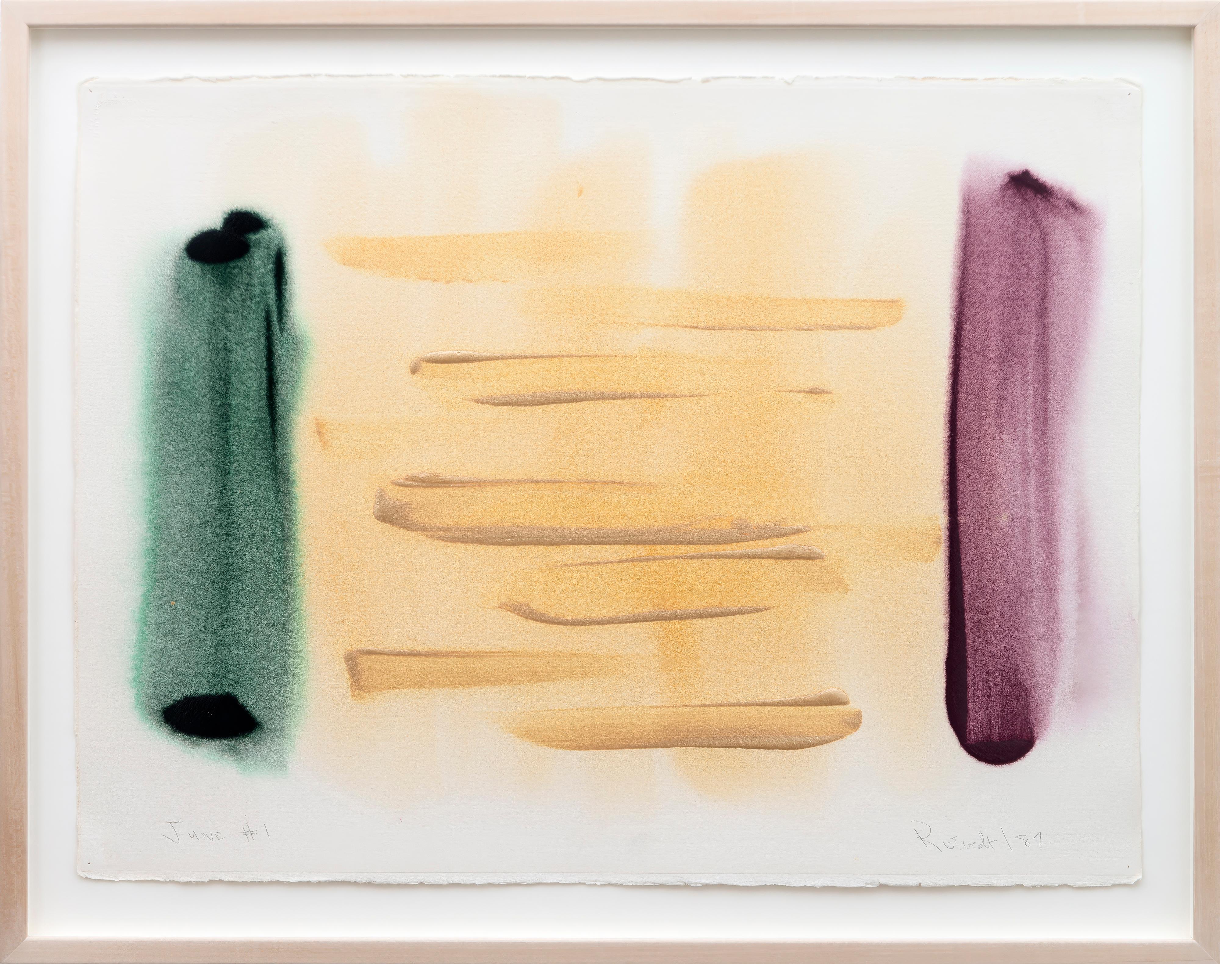June #1 Peinture acrylique abstraite sur papier, années 1980, signée, 22.5x30.25