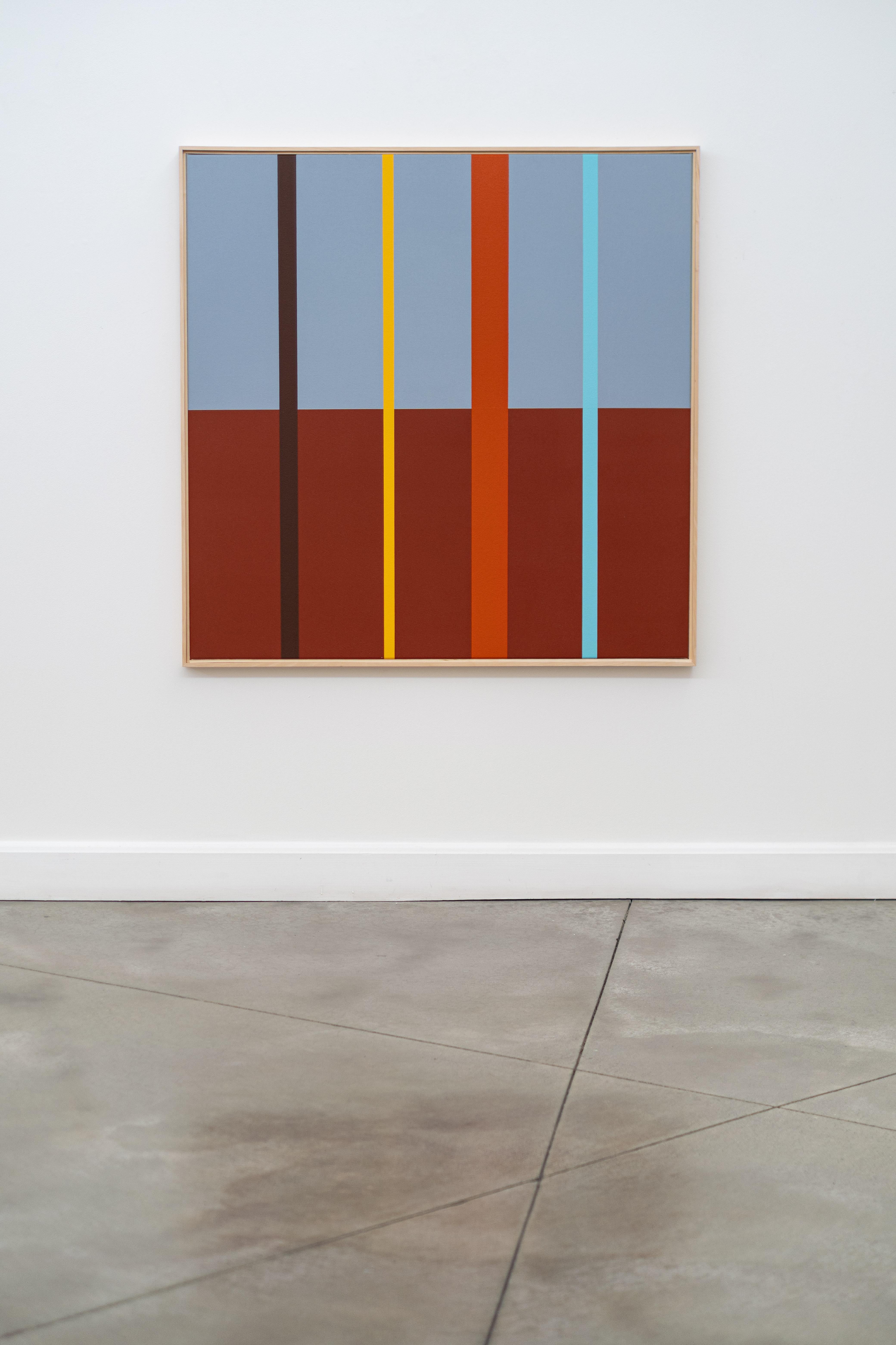 This colourful contemporary abstract landscape painting is by Milly Ristvedt.

In this dynamic new work by Milly Ritsvedt, several bold vertical bands of pure colour in various widths run the length of the painting, which is divided into two