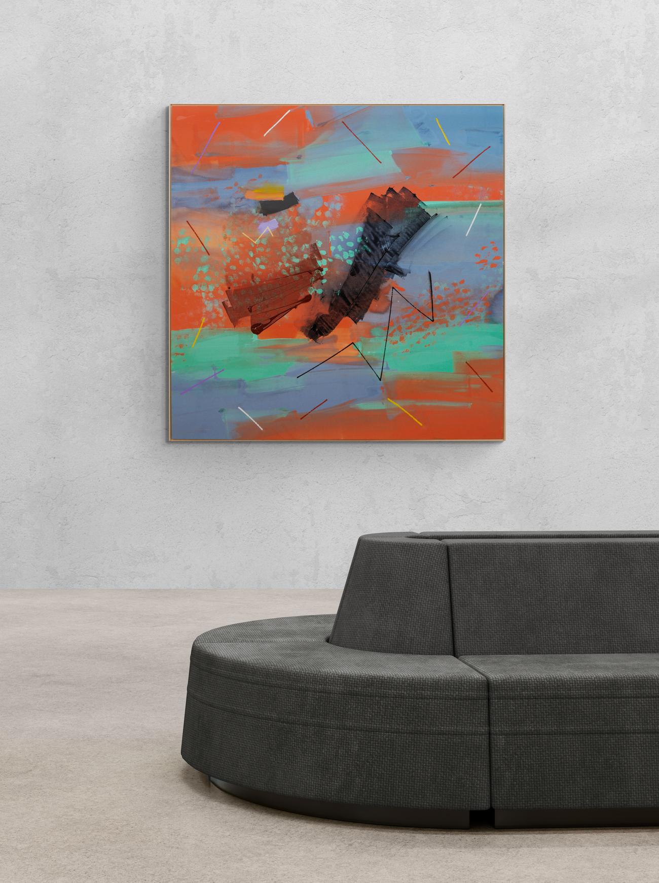 Mandarin Jazz - large, orange, blue, teal, gestural abstract, acrylic on canvas For Sale 9