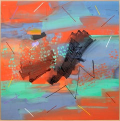 Retro Mandarin Jazz - large, orange, blue, teal, gestural abstract, acrylic on canvas