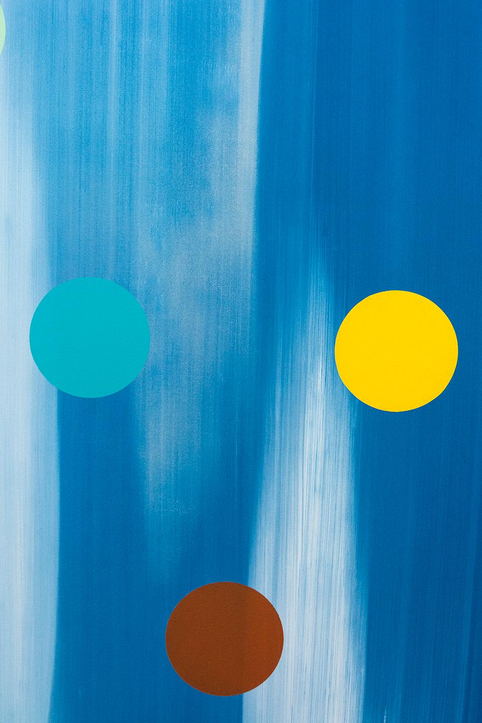 Questa tela magistrale dimostra l'elegante controllo estetico di Ristvedt e indica il potenziale emotivo del colore.  Forti tondi di giallo sole, turchese, zaffiro e terra di Siena si librano su un fondo di ceruleo.  

Milly Ristvedt (nata nel 1942