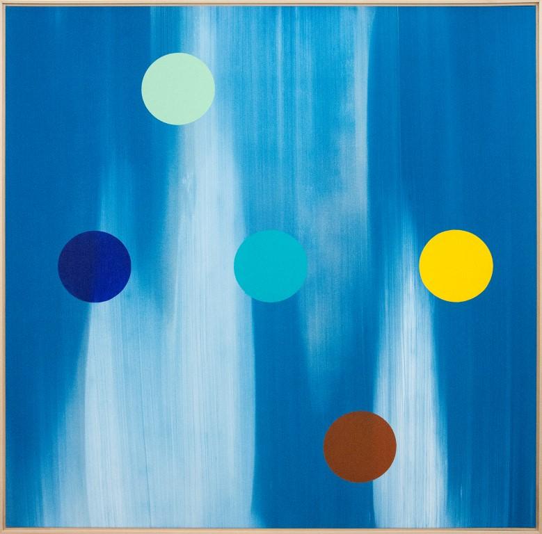 Milly Ristvedt Abstract Painting – Mott-Komposition - große, helle, blaue, geometrische Abstraktion, Acryl auf Leinwand
