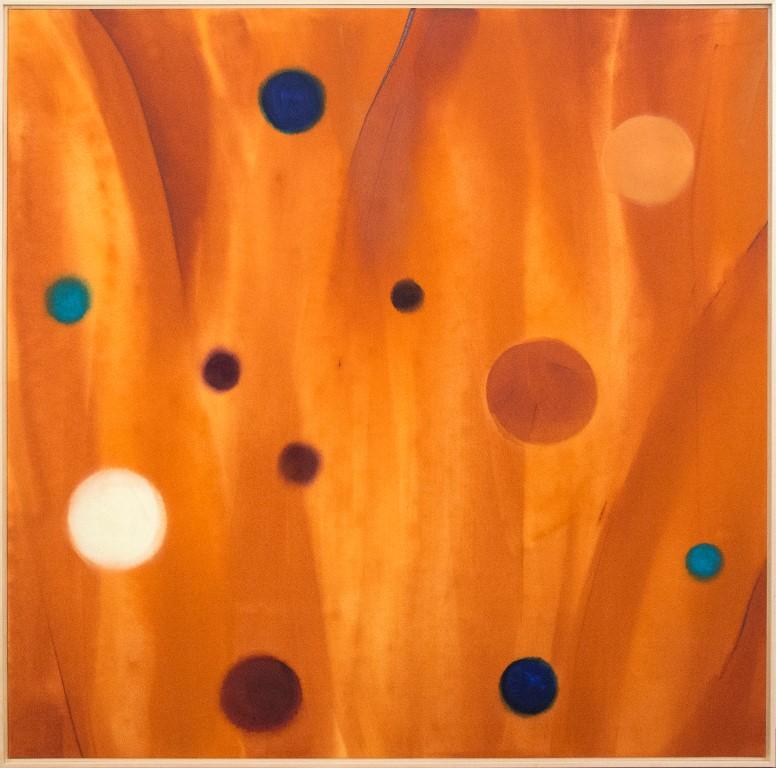 Milly Ristvedt Abstract Painting – Mott Continuum - große, helle, orangefarbene, geometrische Abstraktion, Acryl auf Leinwand