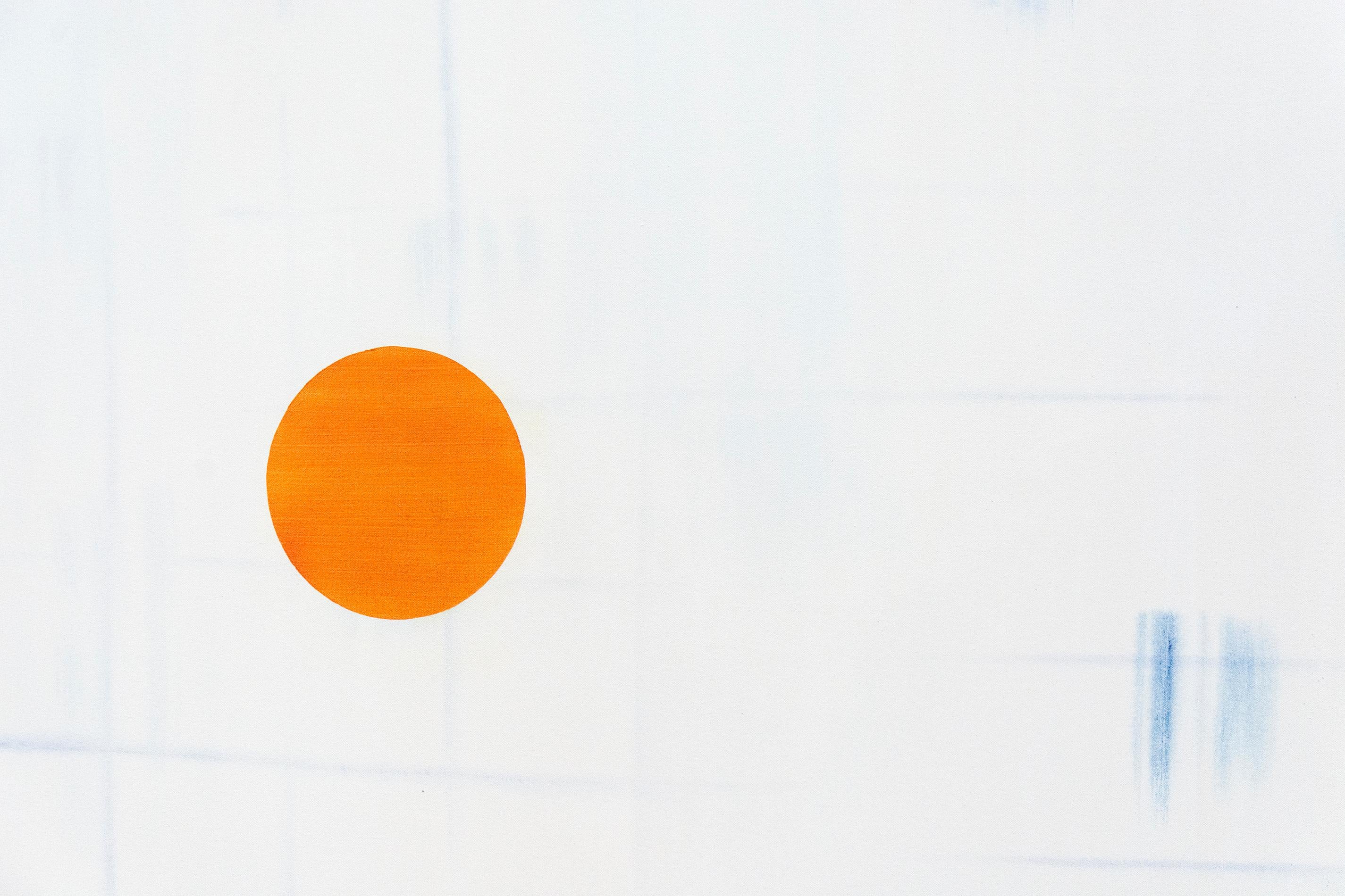 Ristvedt erforscht das emotionale Potenzial von Farbe und Form - orangefarbene und saphirblaue Kugeln schweben auf einem blassen Grund. Ein hellblaues Raster unterstreicht die Natur der Bildebene in dieser meisterhaften Komposition. 

Milly Ristvedt