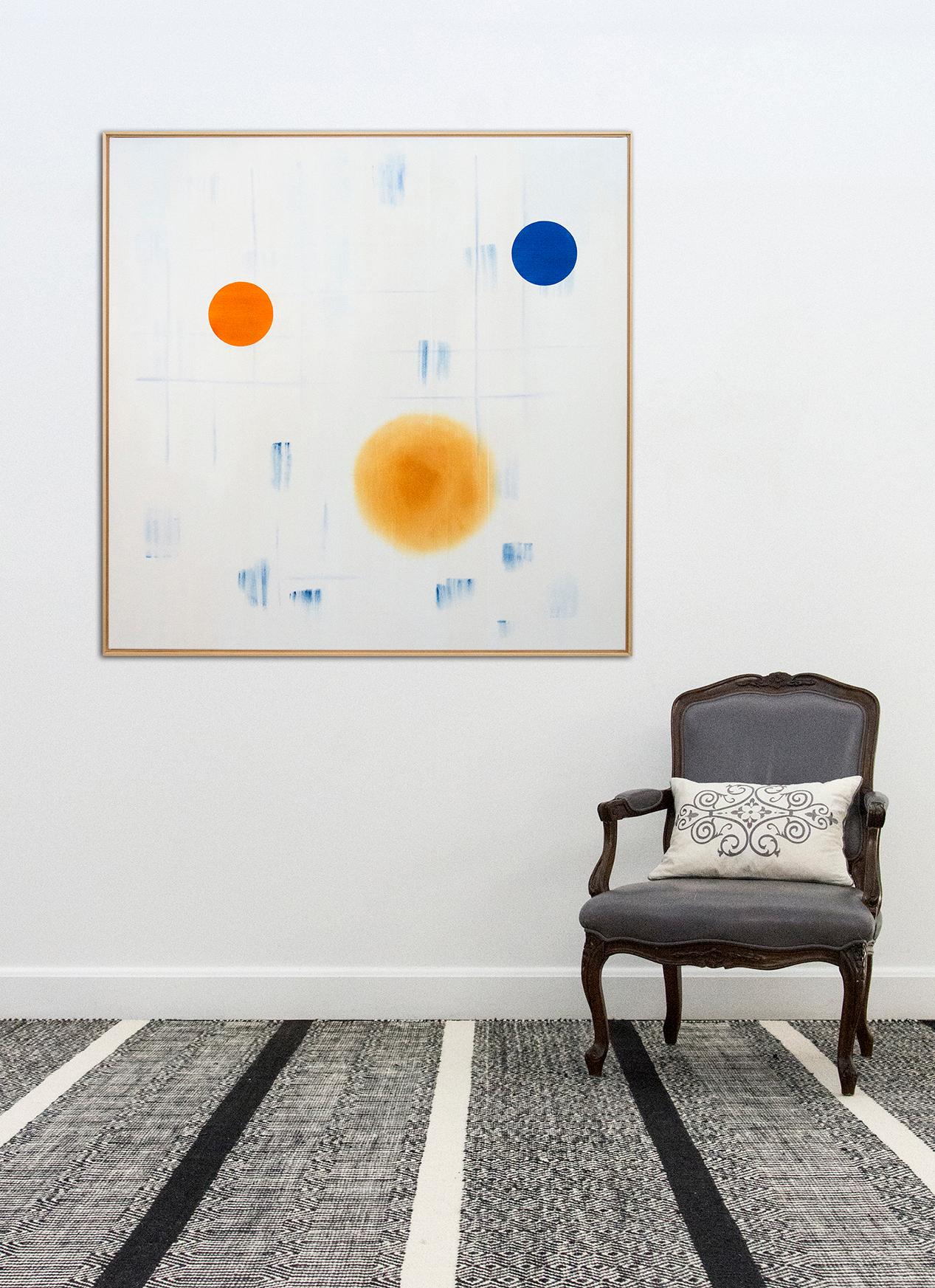 Ristvedt explores the emotional potential of color and form -- spheres of orange and sapphire blue float on a pale ground. A grid of light blue reasserts the nature of the picture plane in this masterful composition. 

Milly Ristvedt (b. 1942,
