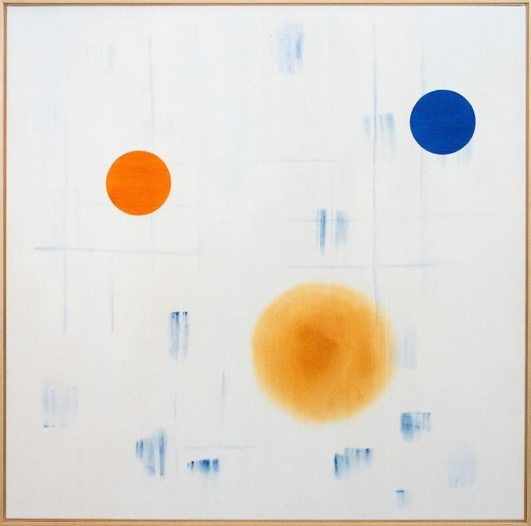 Milly Ristvedt Abstract Painting – Natürlicher Rhythmus - groß, cremefarben, blau, orange, lyrisch abstrakt, Acryl auf Leinwand