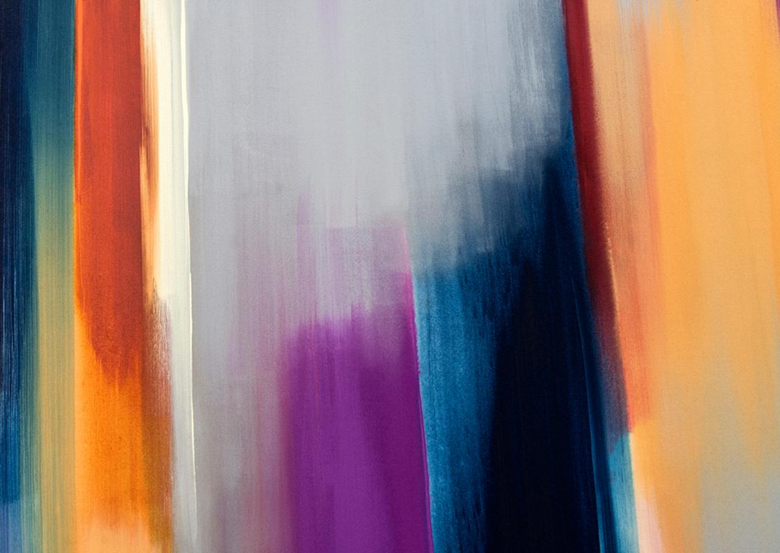 Copper orange, deep blue, purple, and orange are arranged in structured striation in this wet-in-wet painting that exudes the ominous glowing light preceding a storm. 

Action Painting, a term coined by the art critic Harold Rosenberg in 1952,