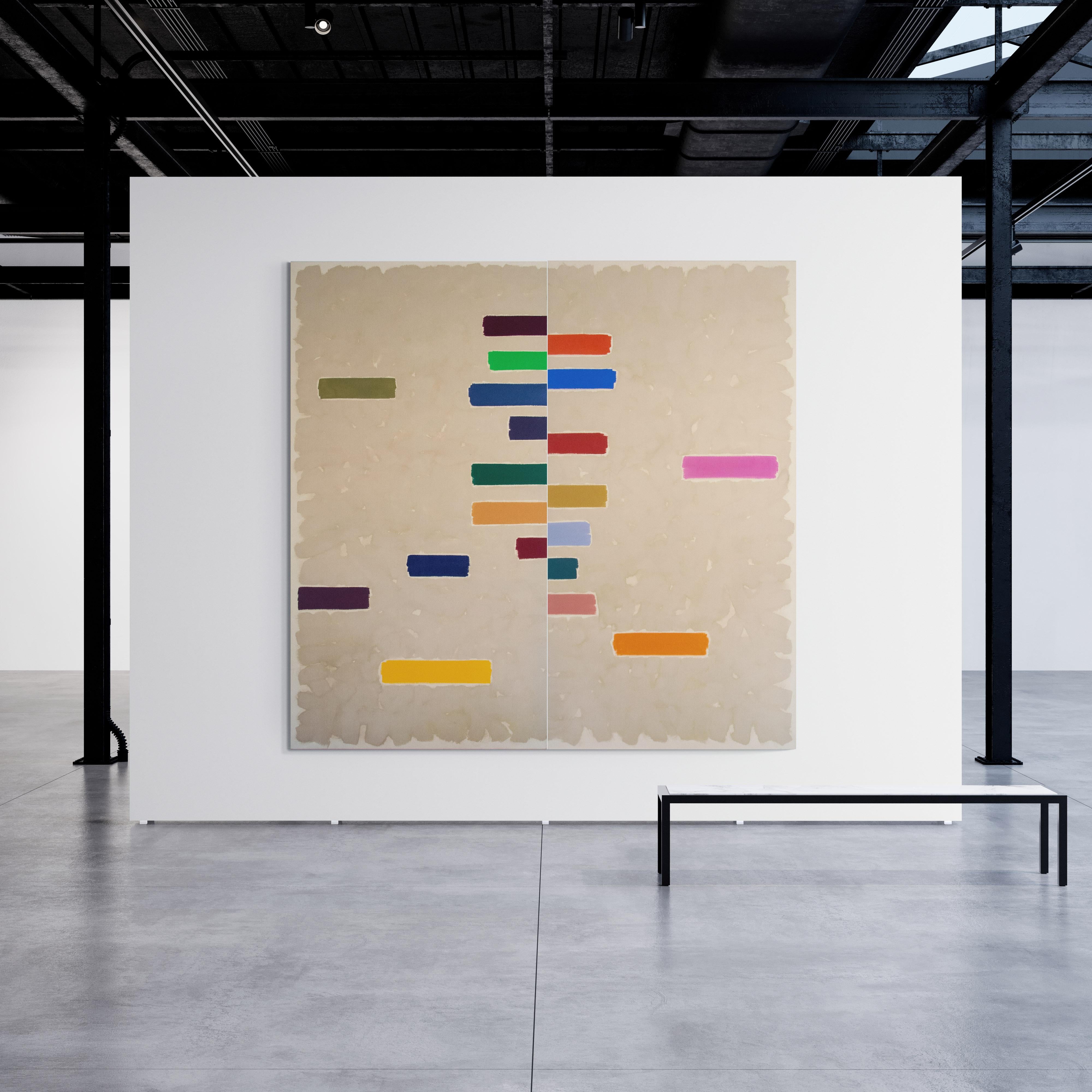 Horizontal bars of blue, maroon, cherry red, pink, lemon yellow, burnt orange and green communicate on a soaked sand-coloured ground in the two panels that form this 9-foot square acrylic diptych painting on canvas. The rhythm of the spaces between