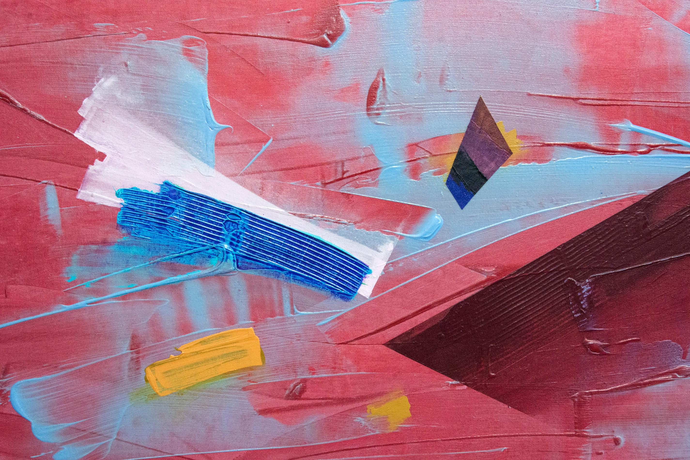 Red Finish - horizontal dynamic abstraction with red, yellow and blue - Painting by Milly Ristvedt