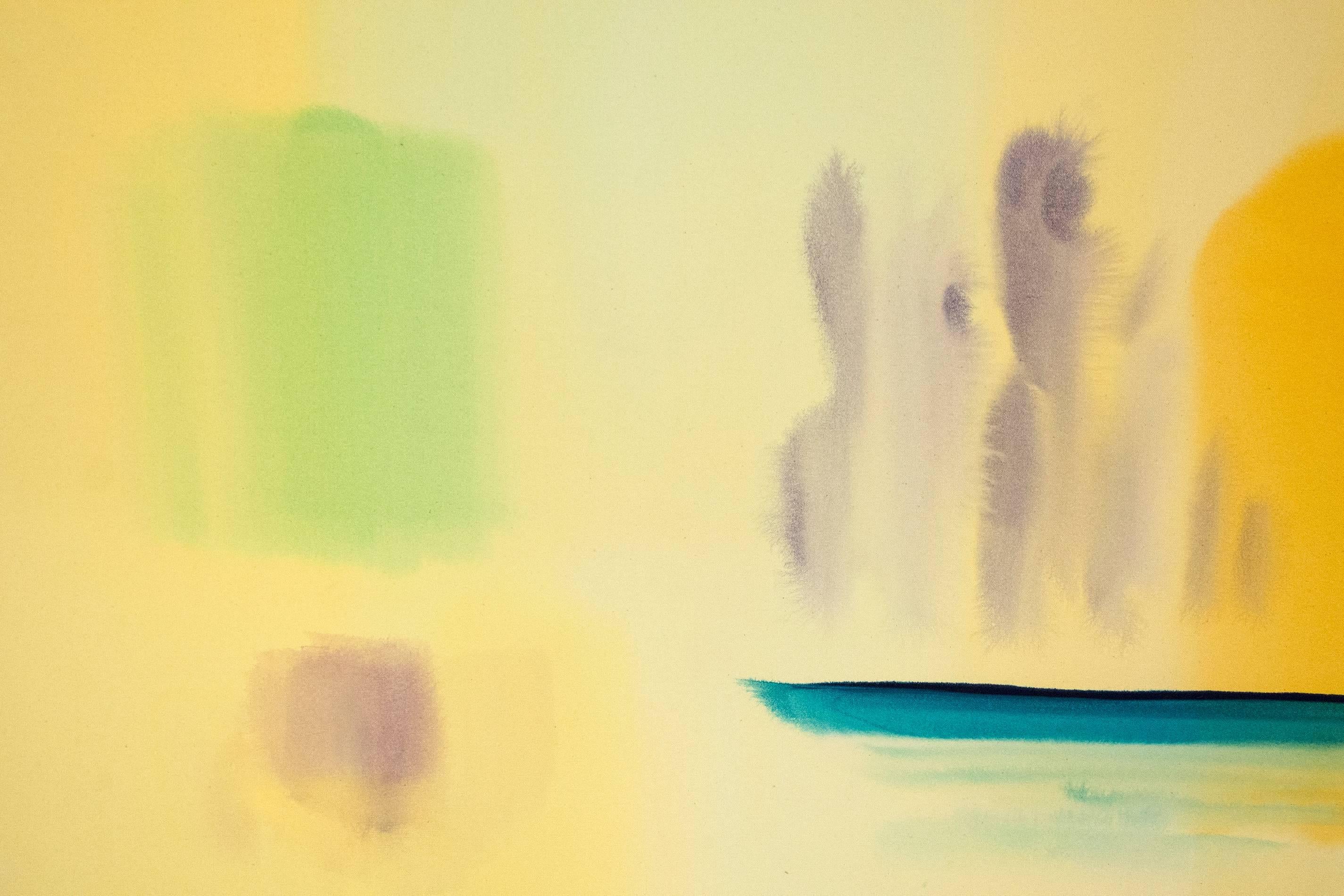 El poder del color puro y la forma mínima sobre lienzo crudo se muestra magistralmente en esta pintura abstracta de la canadiense Milly Ristvedt. Sobre un fondo empapado de amarillo canario claro, se mueven pinceladas y pasajes de amarillo toscano,