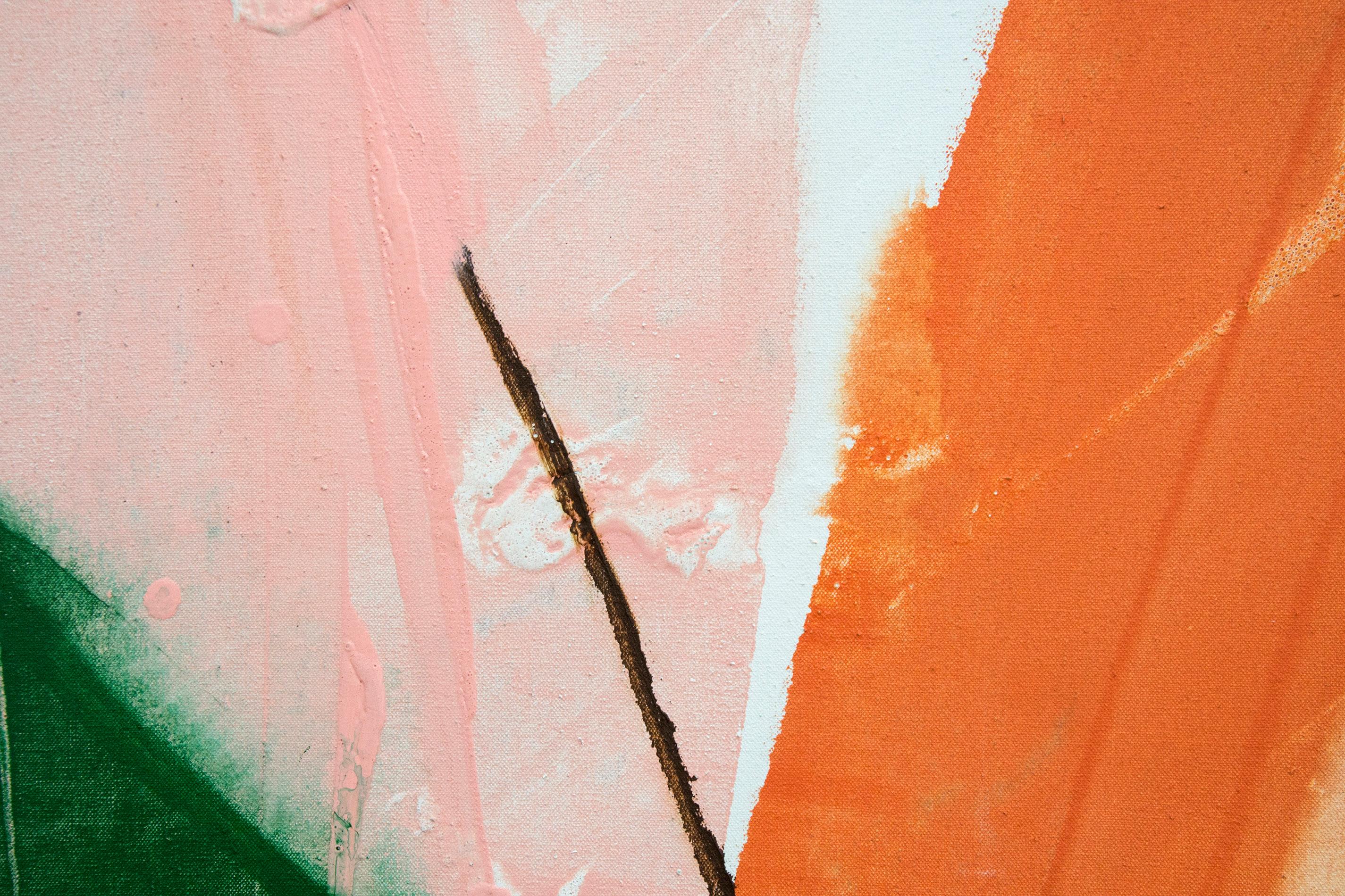 Spray - groß, weich, leuchtend, blau, rosa, gestisch abstrakt, Acryl auf Leinwand (Grau), Abstract Painting, von Milly Ristvedt