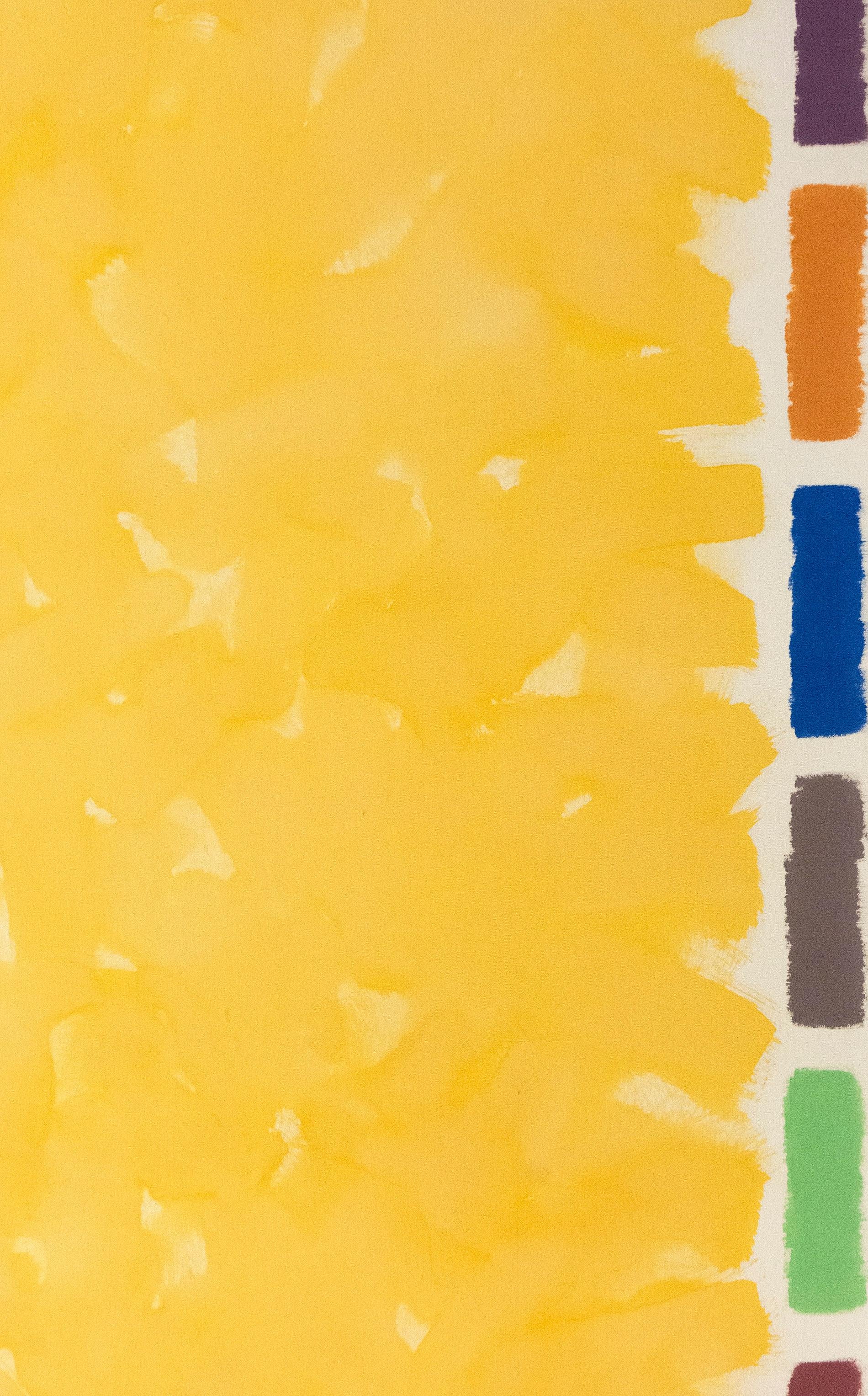 Vitrail d'été - grand, brillant, coloré, jaune, abstrait, acrylique sur toile - Orange Abstract Painting par Milly Ristvedt