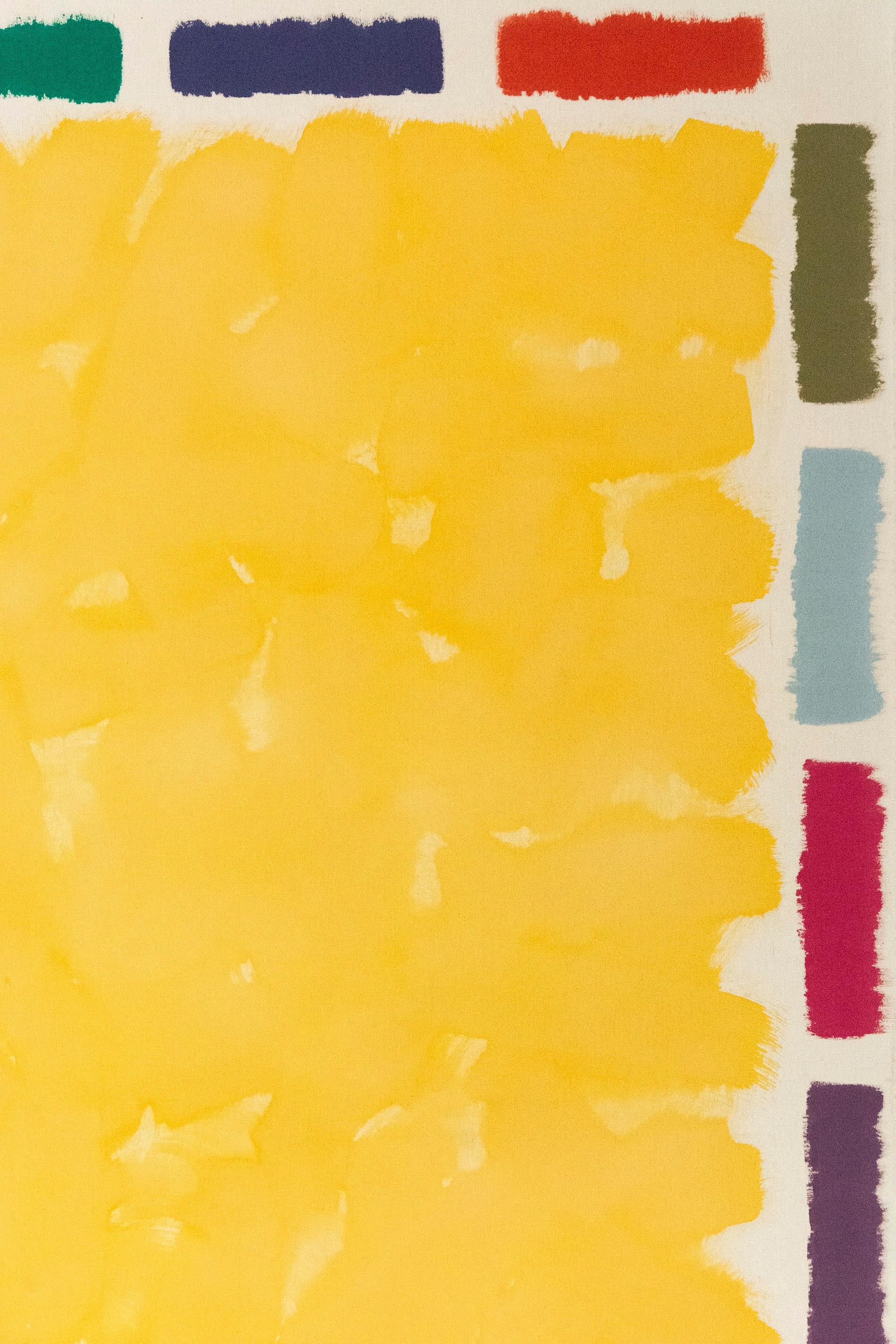 En este monumental lienzo de Milly Ristvedt, las pinceladas de amarillo sol se ribetean con toques de colores brillantes -malva, cerusa, lima y óxido-.  