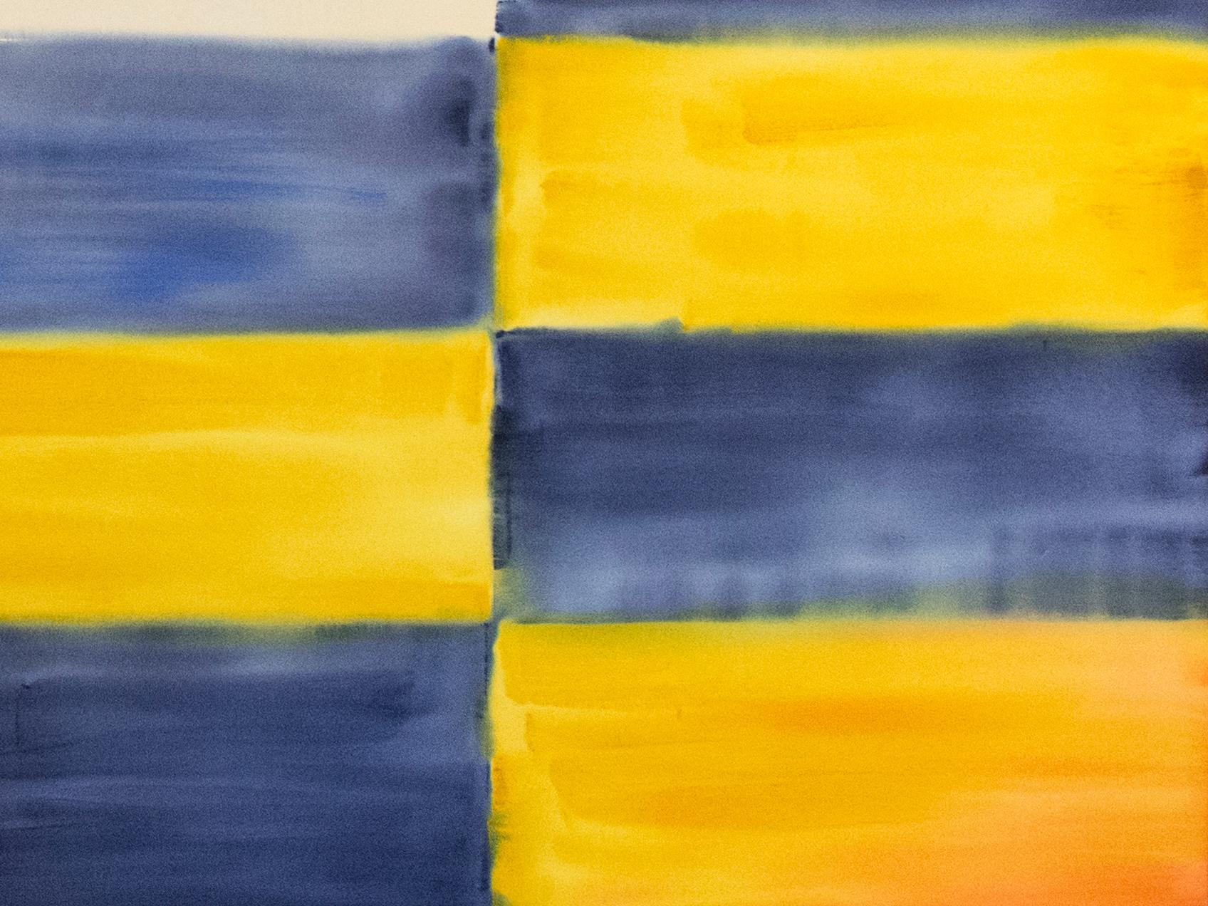 Turner - large, blue, white, yellow, colourful, grid, abstract acrylic on canvas - Abstract Painting by Milly Ristvedt