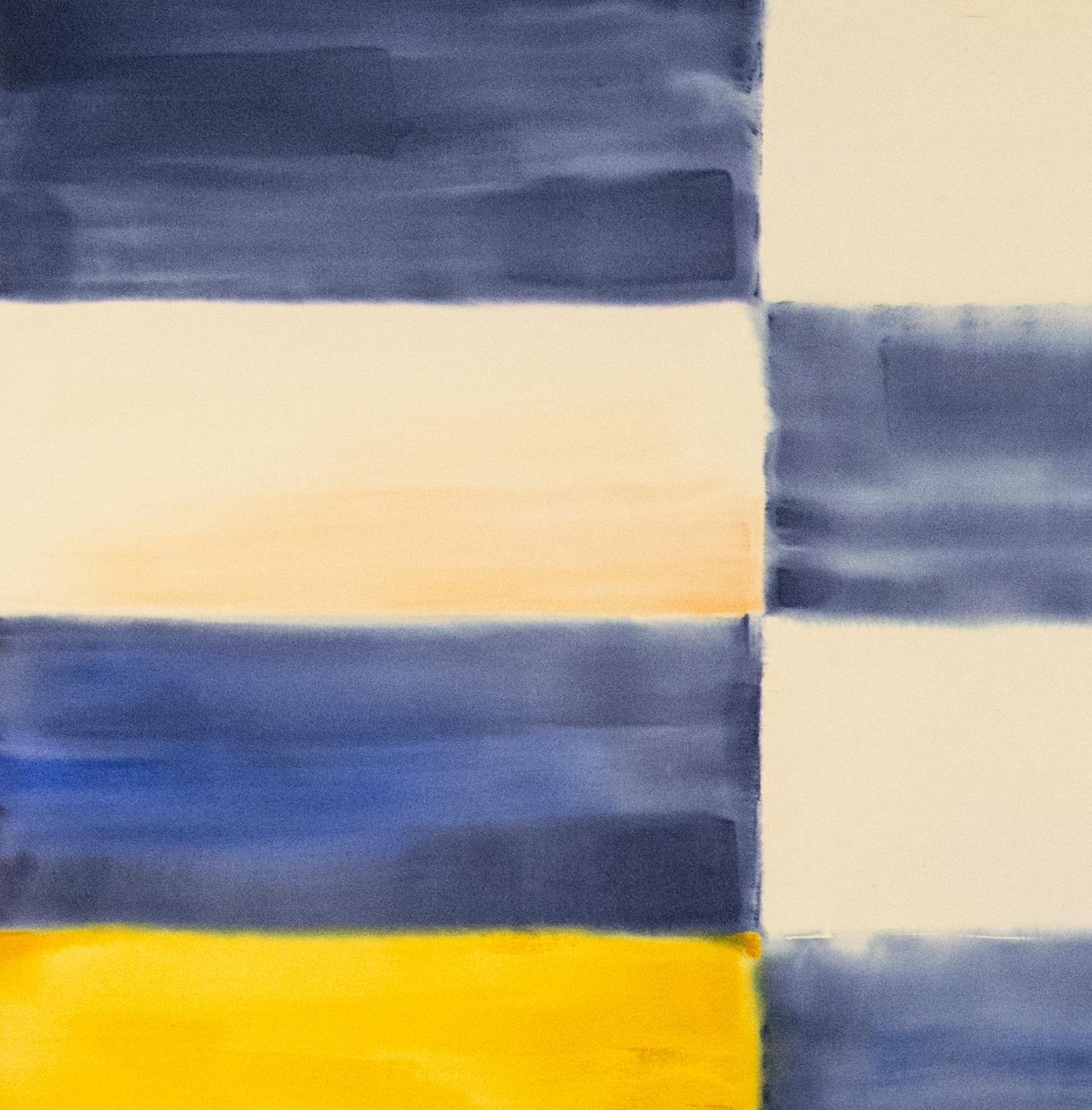 Turner - large, blue, white, yellow, colourful, grid, abstract acrylic on canvas - Beige Abstract Painting by Milly Ristvedt