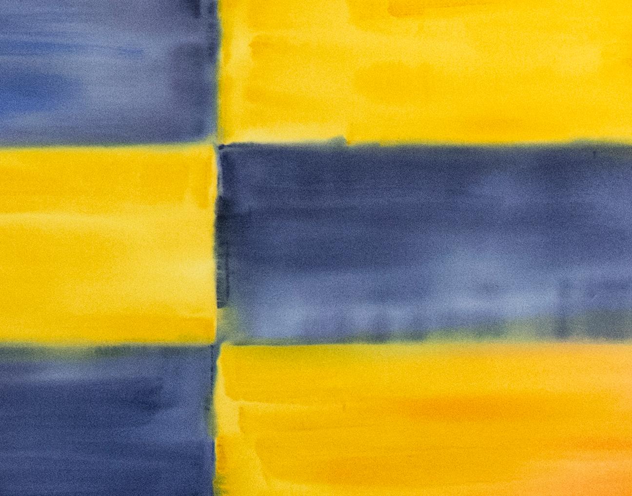 With this eye-catching abstract painting, Milly Ristvedt continues her sophisticated exploration of form and colour rendered in a classic grid pattern. Indigo blue, golden yellow and white rectangles of colour create an engaging checkerboard effect.