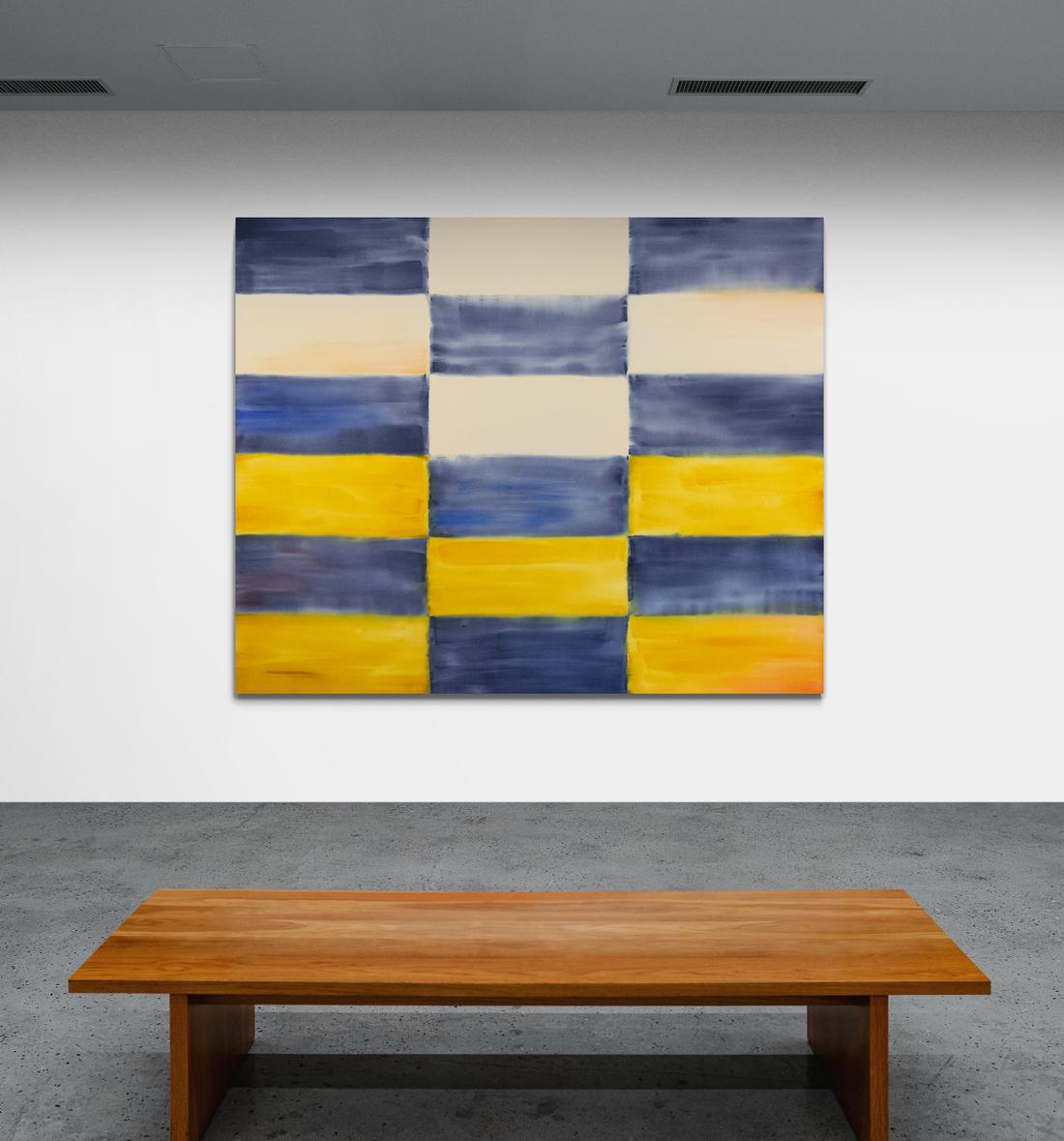 Turner - large, blue, white, yellow, colourful, grid, abstract acrylic on canvas 1