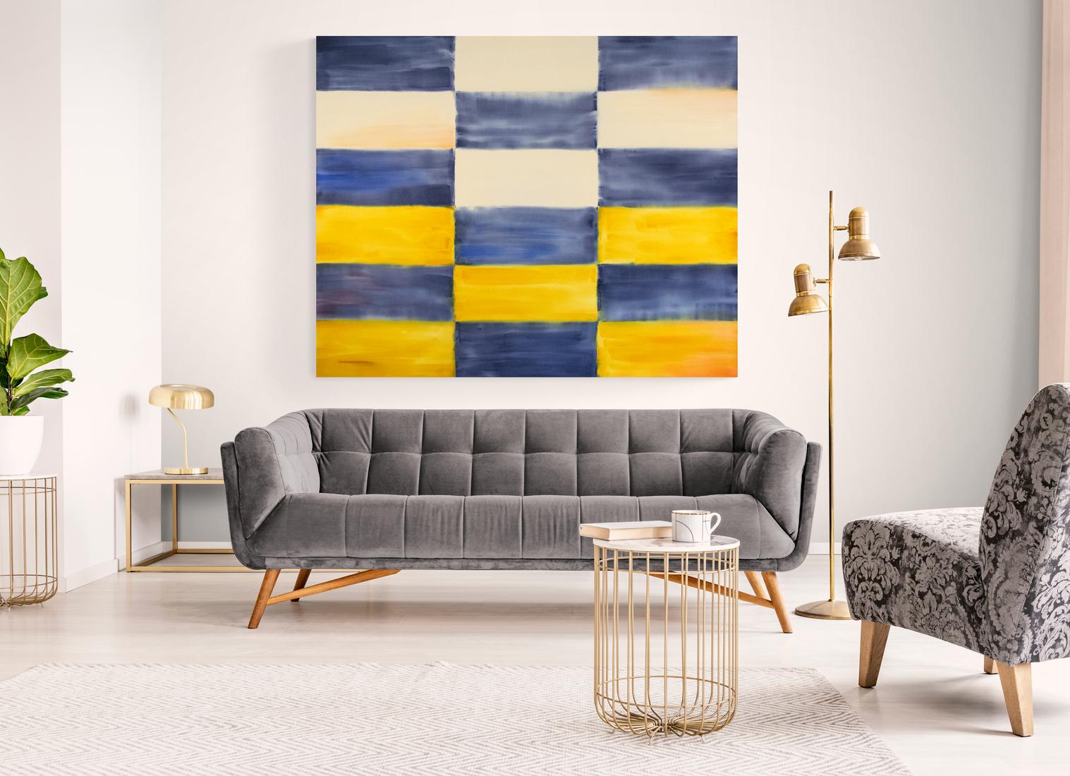 Turner - large, blue, white, yellow, colourful, grid, abstract acrylic on canvas 2