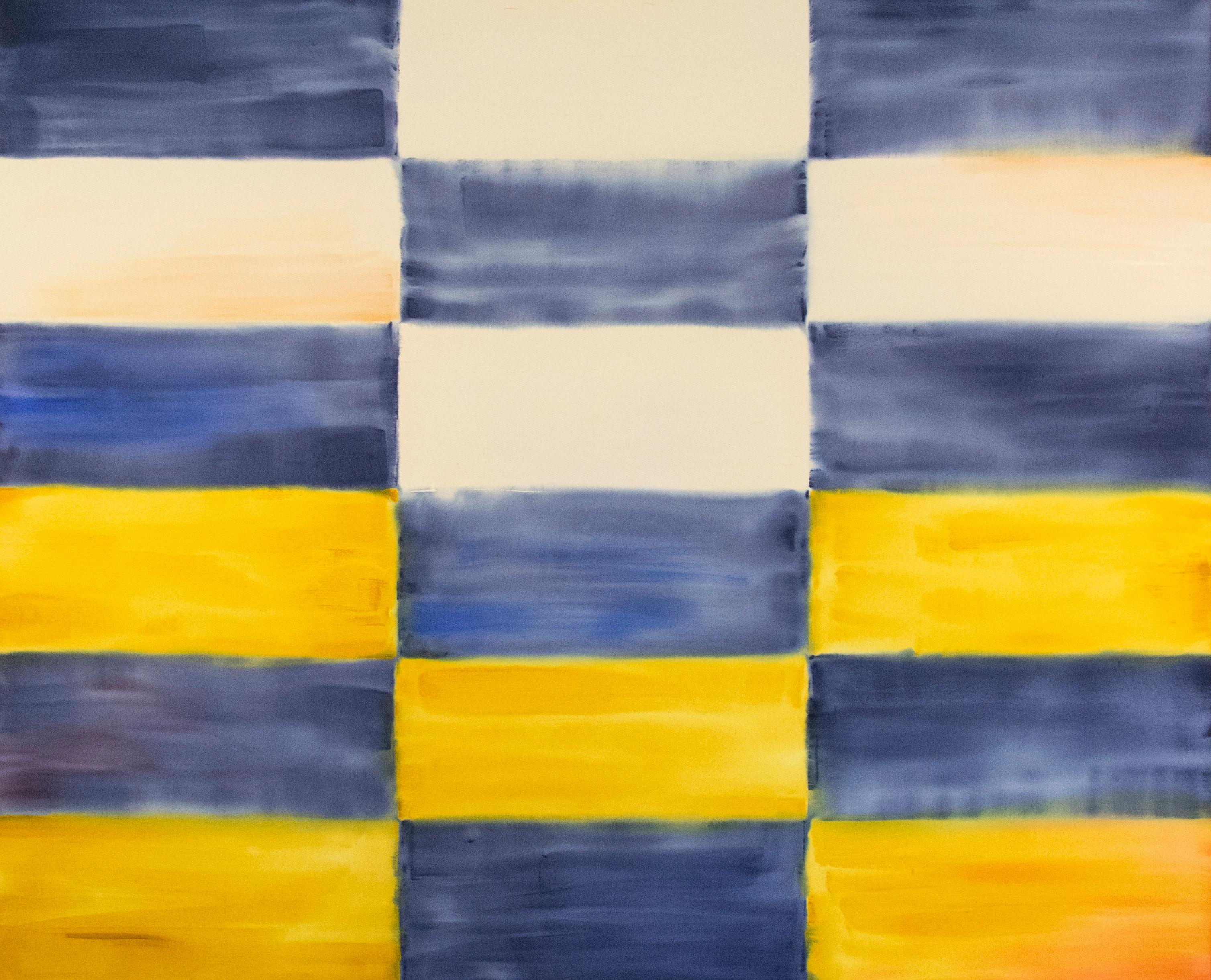 Milly Ristvedt Abstract Painting - Turner - large, blue, white, yellow, colourful, grid, abstract acrylic on canvas