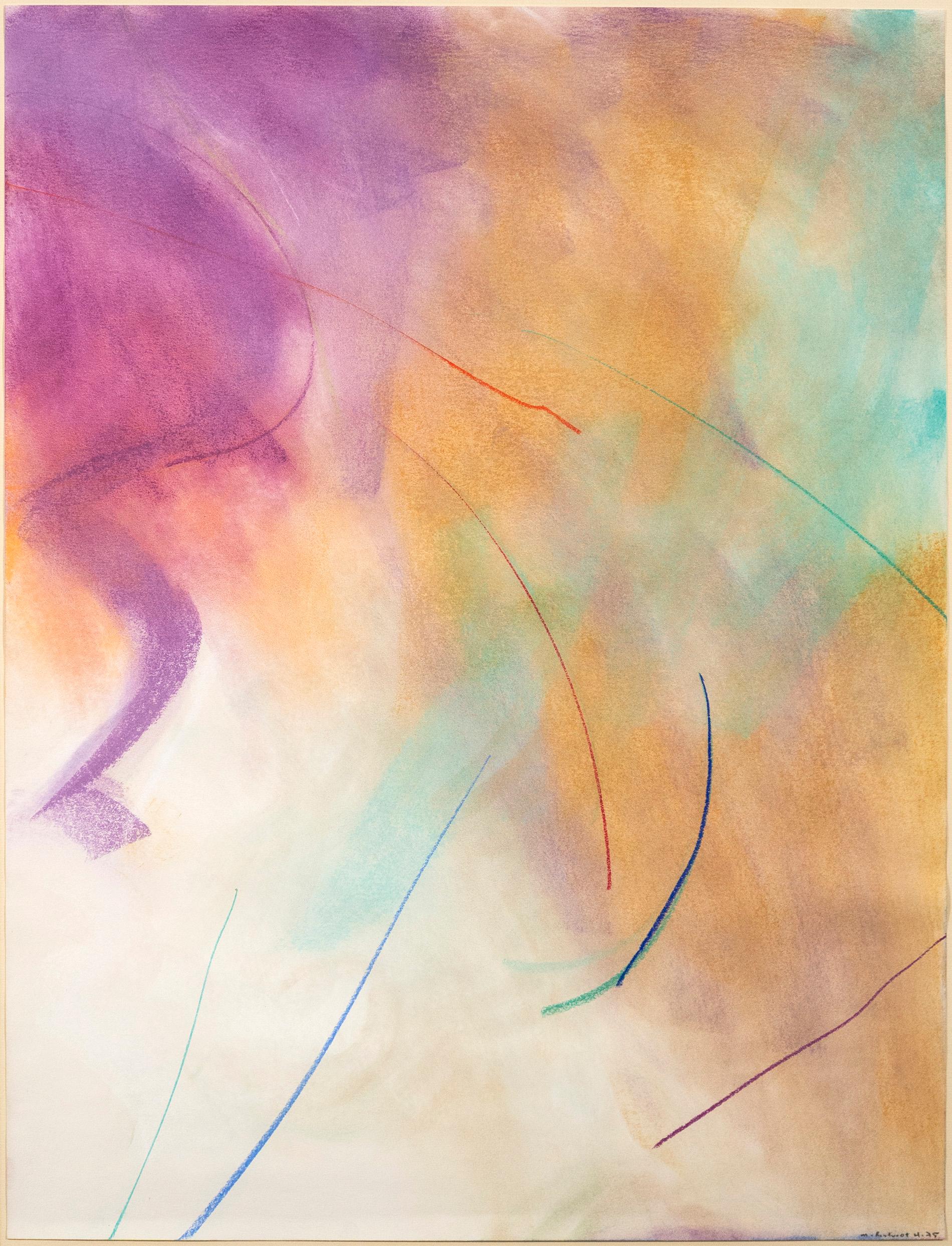 This ethereal abstract pastel on paper is an early work by Milly Ritsvedt known as one of Canada’s foremost abstract artists. Soft clouds of magenta, sienna and turquoise float across the canvas in this expressive work. Fine gestural lines in vivid