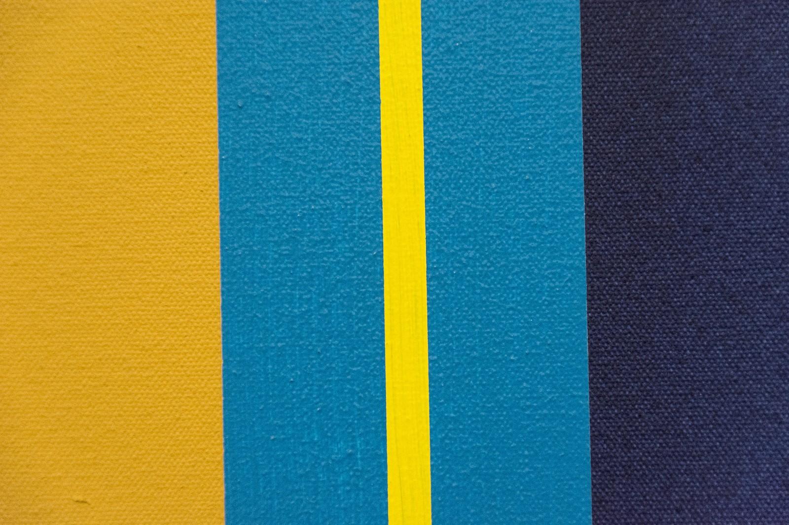 Juxtaposed blocks of navy, orange and canary held by a bar of sky blue create a subtle optical effect in this masterful composition by Milly Ristvedt.

Milly Ristvedt (b. 1942, Kimberley, BC) MA, RCA, began her career in Toronto in 1964 after