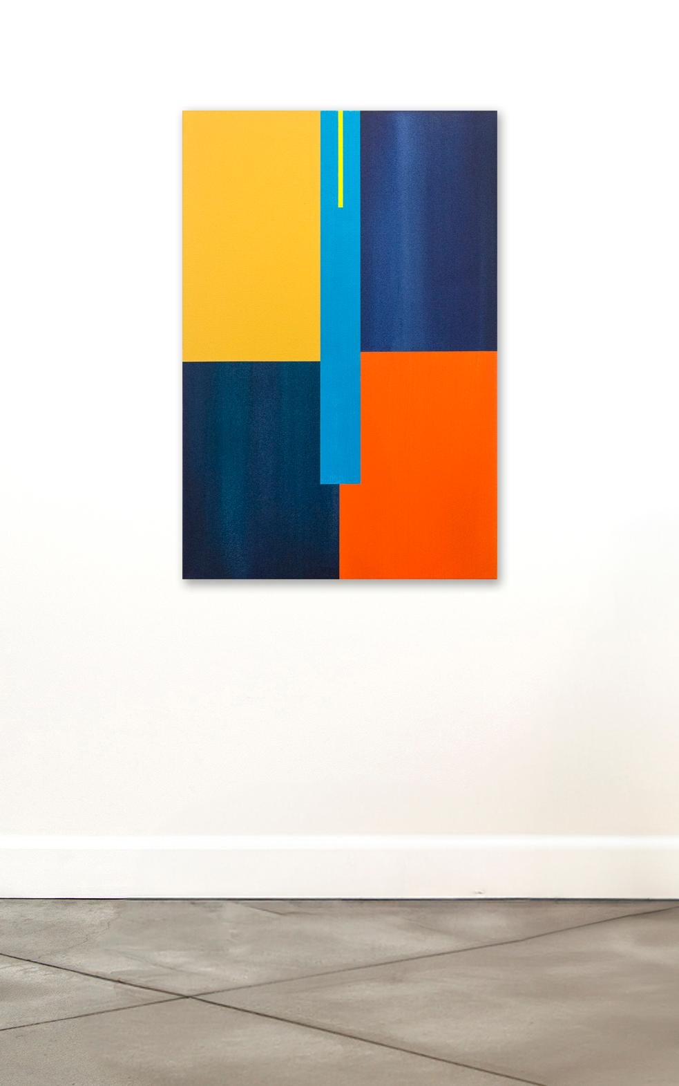 Verticalité 2 - acrylique abstraite géométrique bleue, jaune, orange, sur toile en vente 3