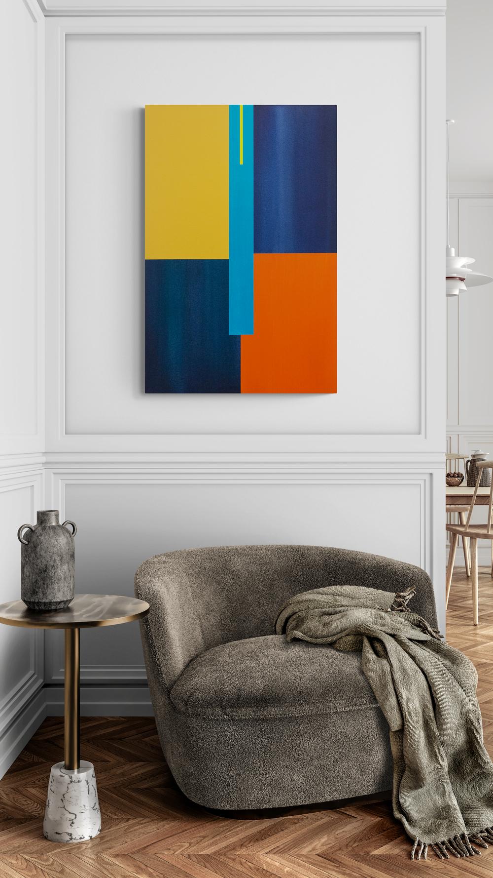 Verticalité 2 - acrylique abstraite géométrique bleue, jaune, orange, sur toile en vente 4