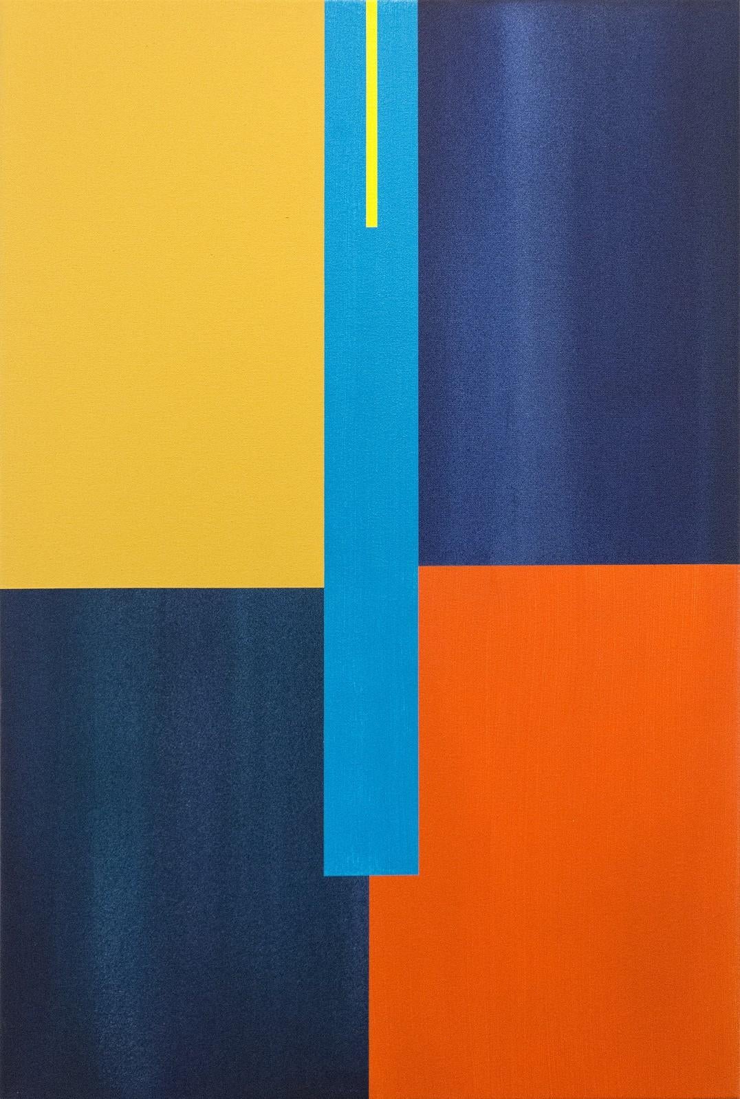 Verticalité 2 - acrylique abstraite géométrique bleue, jaune, orange, sur toile - Painting de Milly Ristvedt