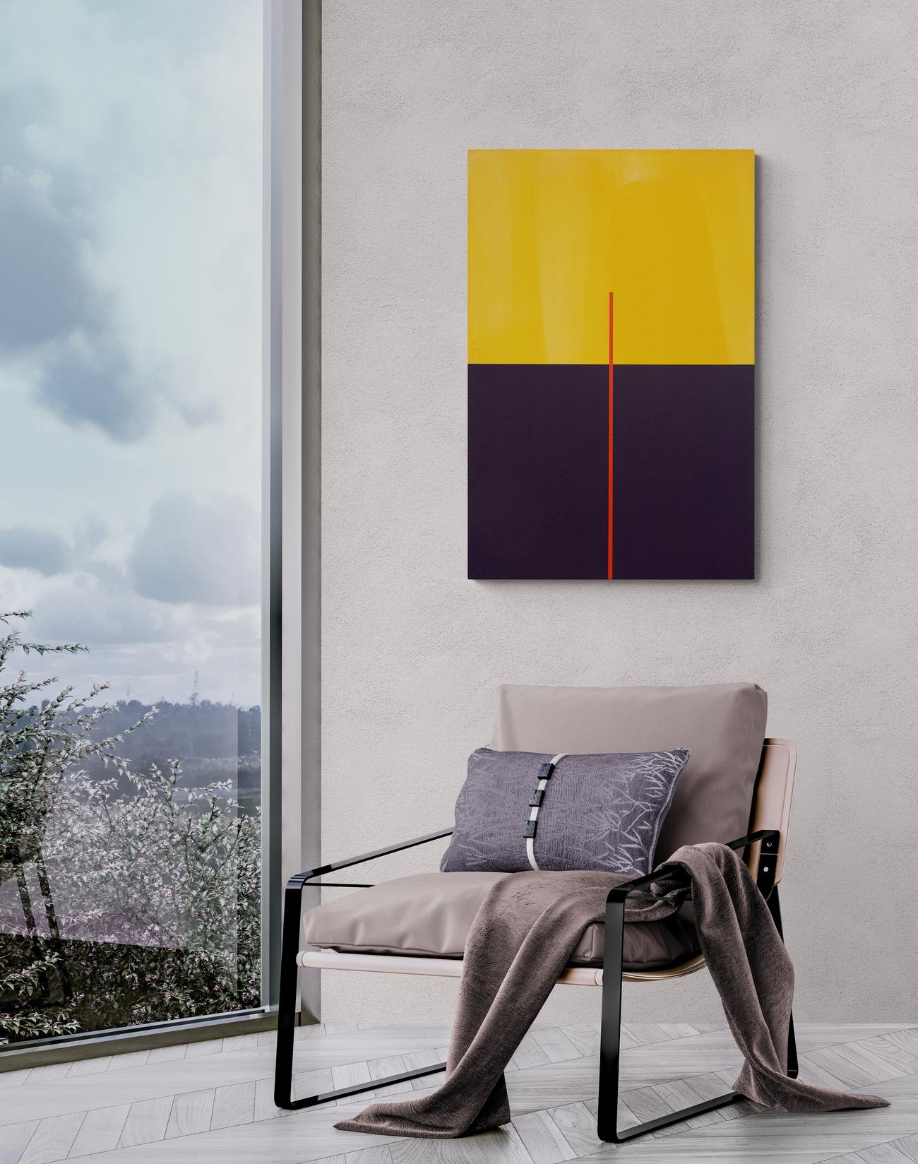 A bold eggplant shade of purple meets a field of amber yellow in this playful acrylic by Milly Ristvedt. A thin linear oblong of red pierces the center, anchoring the geometric painting suggesting an abstract landscape.

Milly Ristvedt (b. 1942,