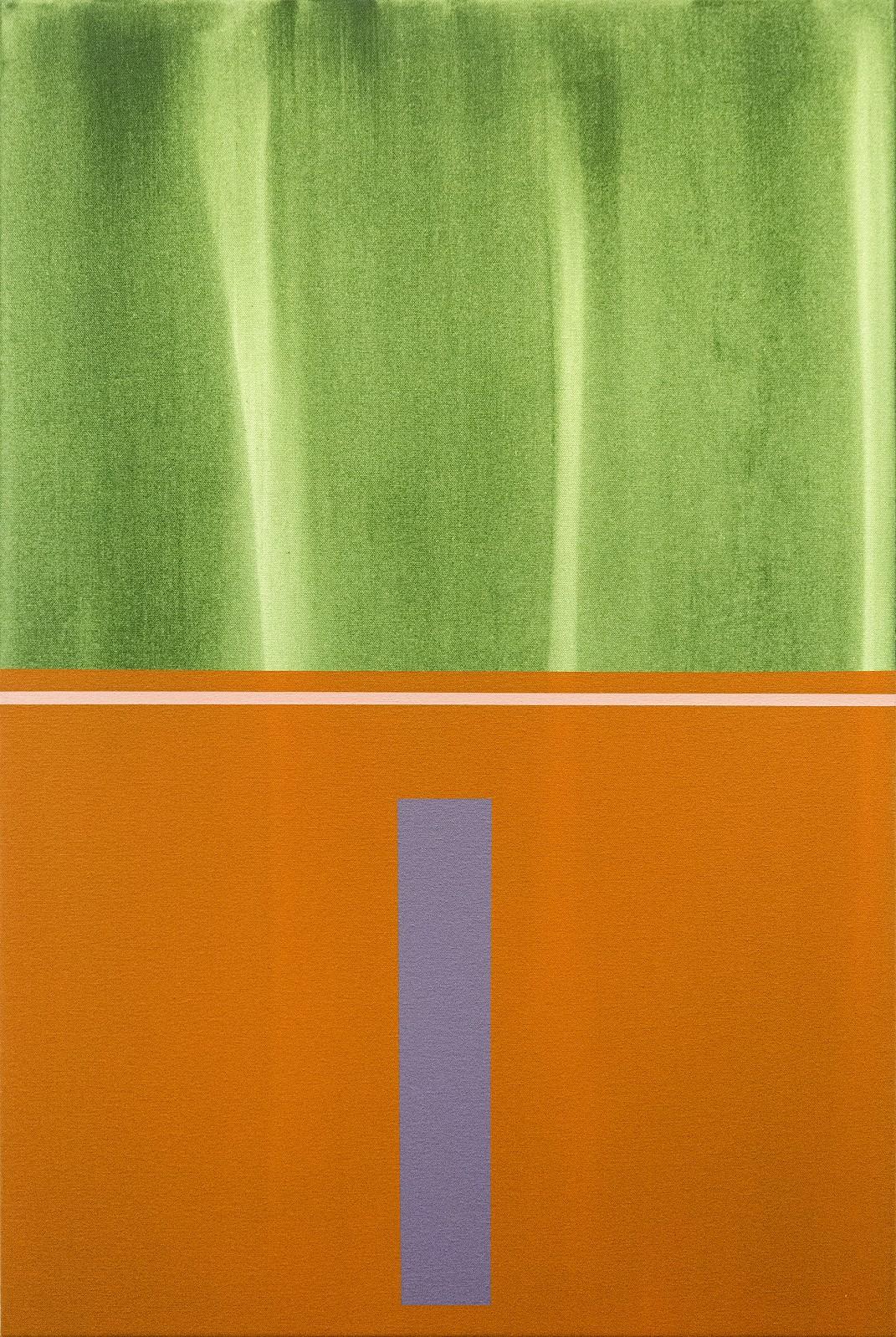 Verticality #4 - orange, grey, green, geometric abstract, acrylic on canvas - Painting by Milly Ristvedt