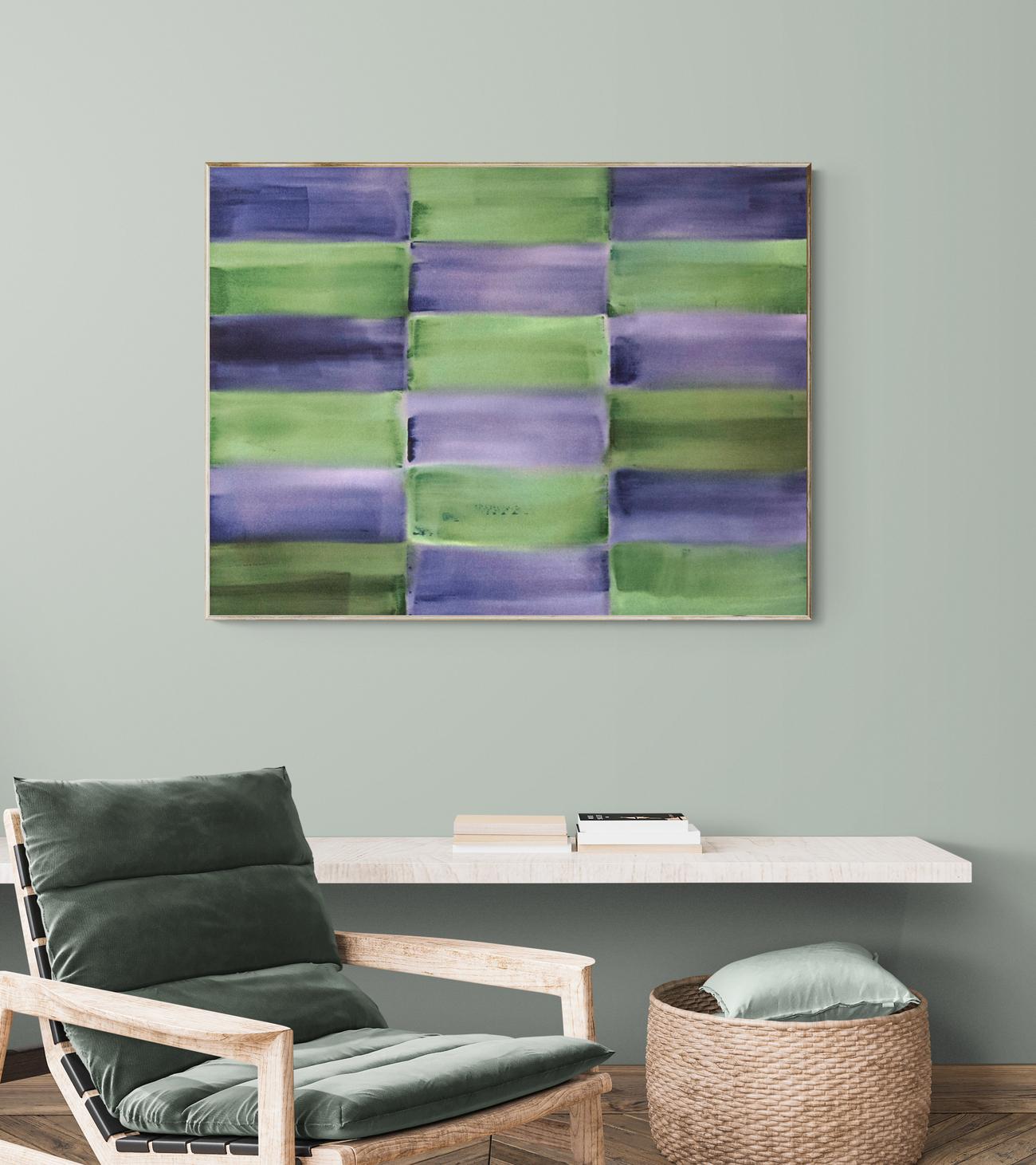 Winter Solstice - purple and green grid, geometric abstract, acrylic on canvas - Gray Abstract Painting by Milly Ristvedt