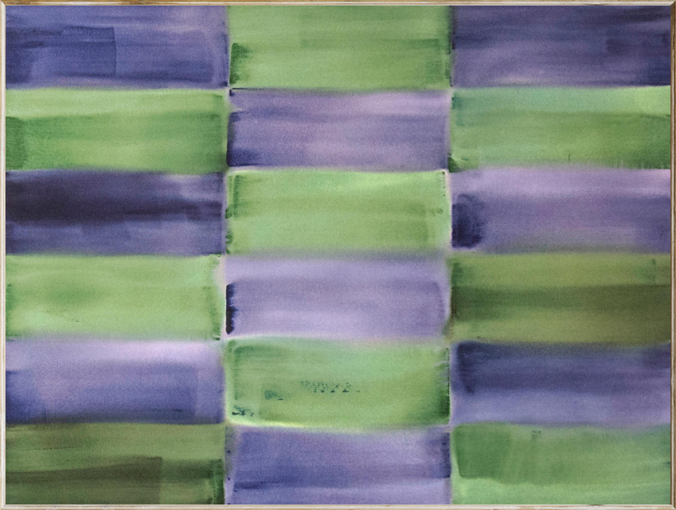 Milly Ristvedt Abstract Painting - Winter Solstice - purple and green grid, geometric abstract, acrylic on canvas