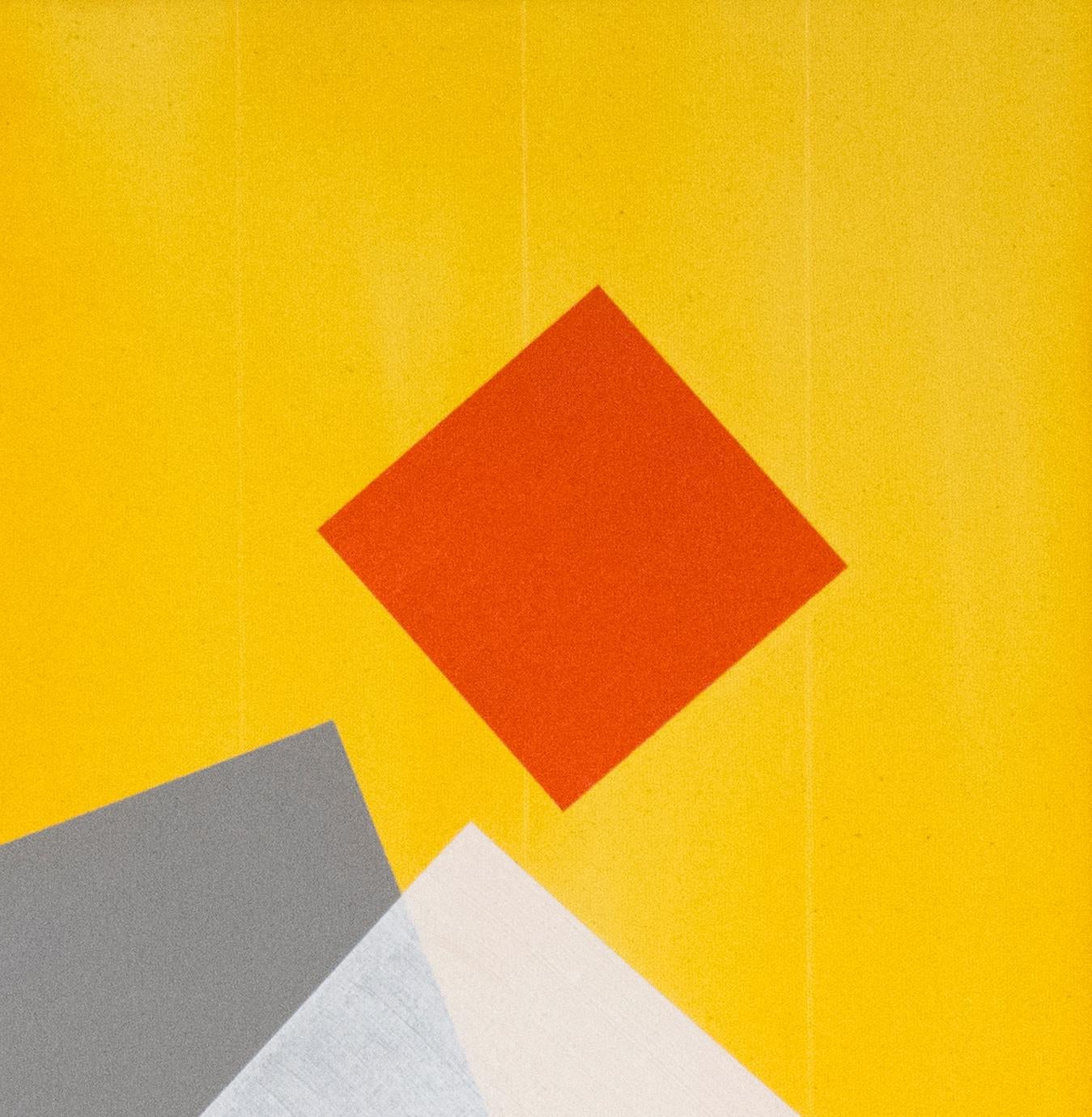 Grid Play - orange, gris, vert, géométrique abstrait, acrylique sur toile - Jaune Abstract Painting par Milly Ristvedt