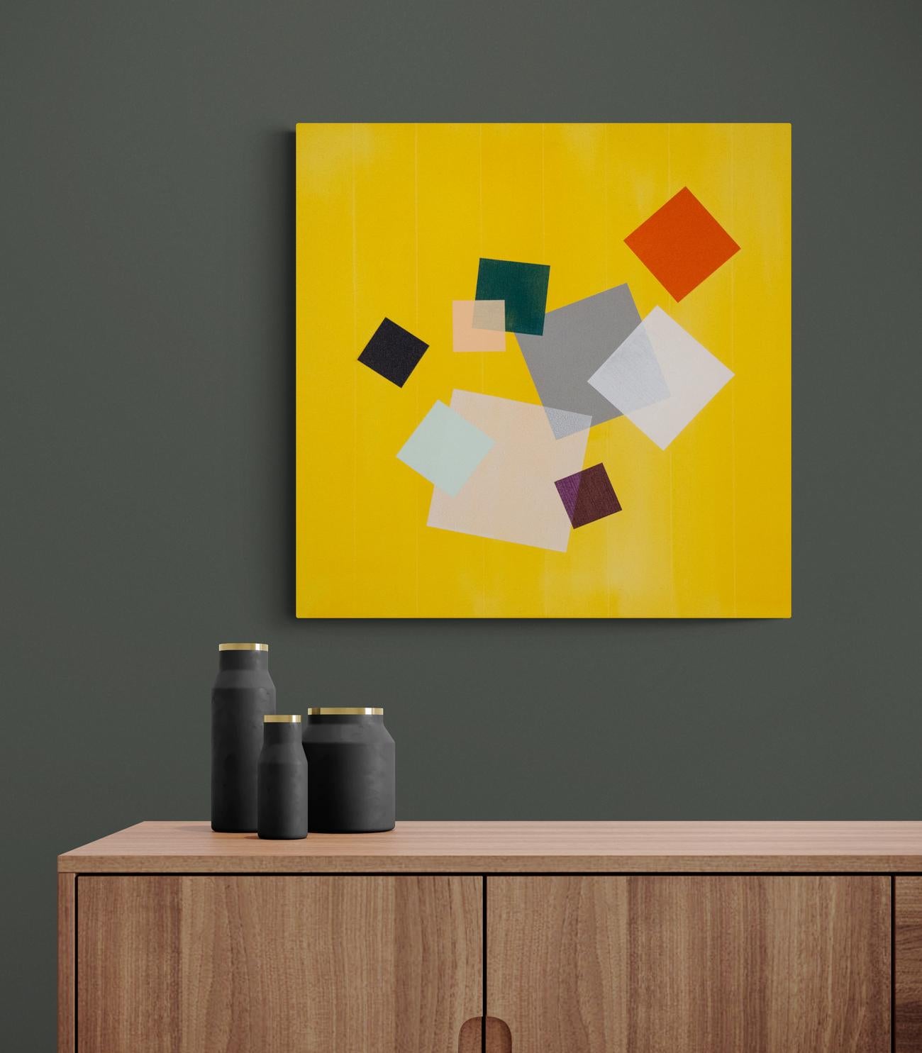 Gioco della griglia gialla - acrilico su tela, arancione, grigio, verde, astratto geometrico in vendita 2