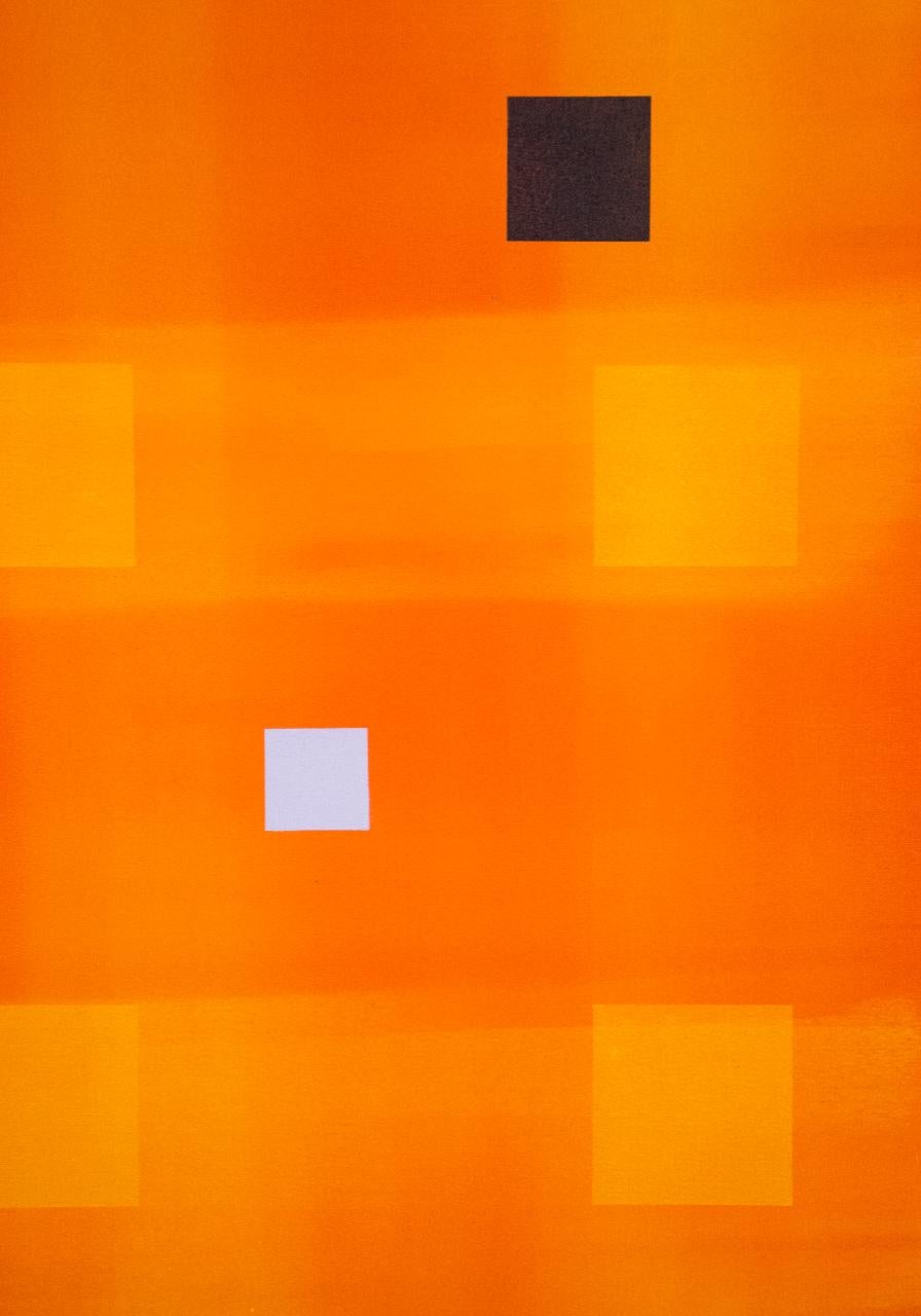 Yellow Orange Grid - bright and colourful abstracted grid acrylic painting - Painting by Milly Ristvedt