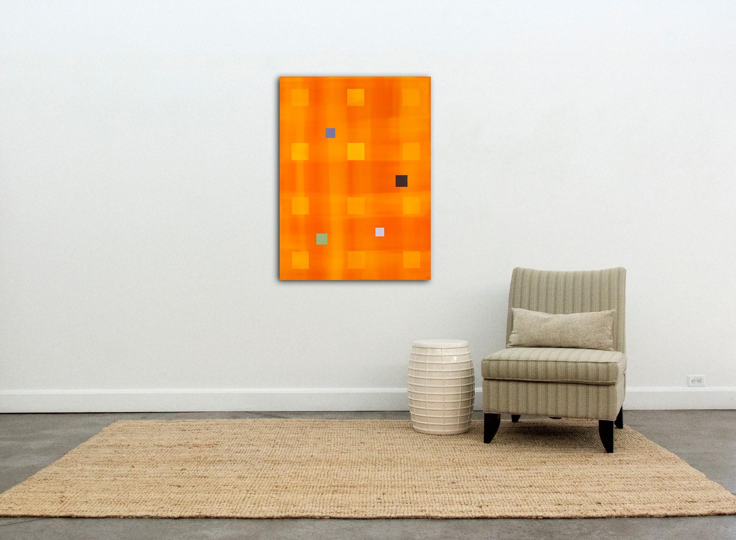 A loosely woven grid of brilliant orange and light orange acrylic soaks and spreads quietly across the ground of this vertical canvas. Pinned to this grid are twelve regimented, translucent, light orange squares that are interrupted by four smaller,