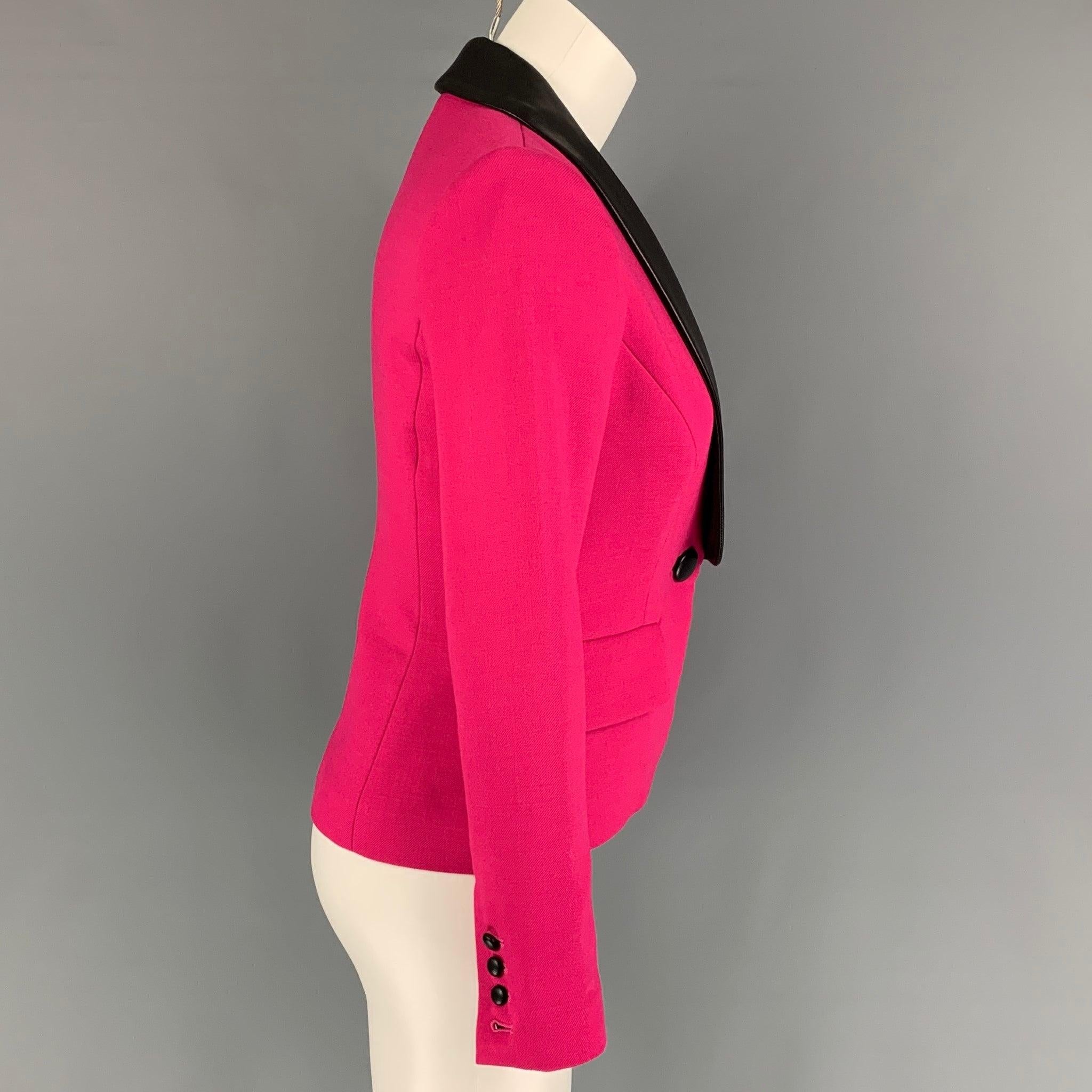 MILLY blazer comes in a fuchsia wool featuring a black leather shawl lapel, flap pockets, and a single button closure. Made in USA.
New With Tags.
 

Marked:   0 

Measurements: 
 
Shoulder: 14 inches  Bust: 32 inches  Sleeve:
24 inches Length: 21.5