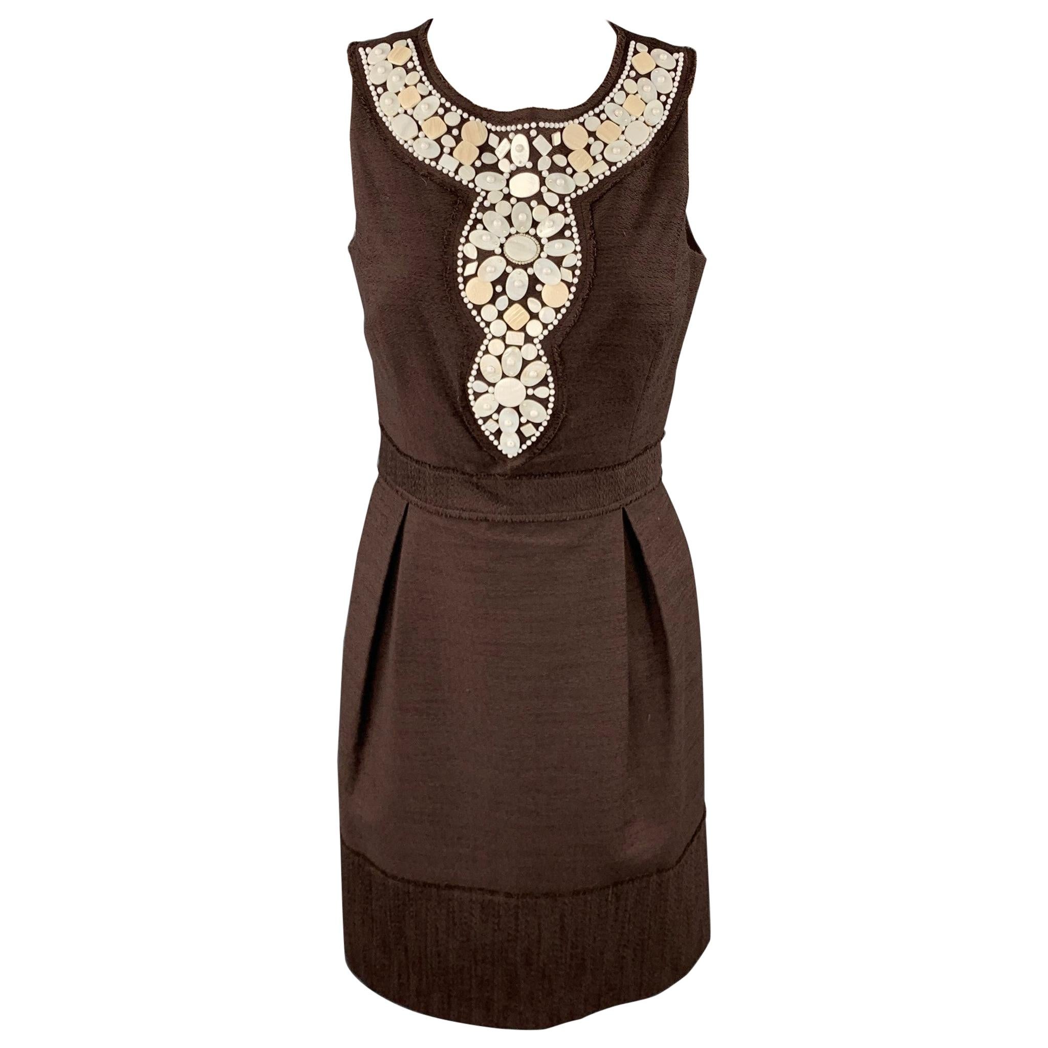 MILLY Size 6 Brown Textured Beaded Polyester / Cotton Sheath Dress