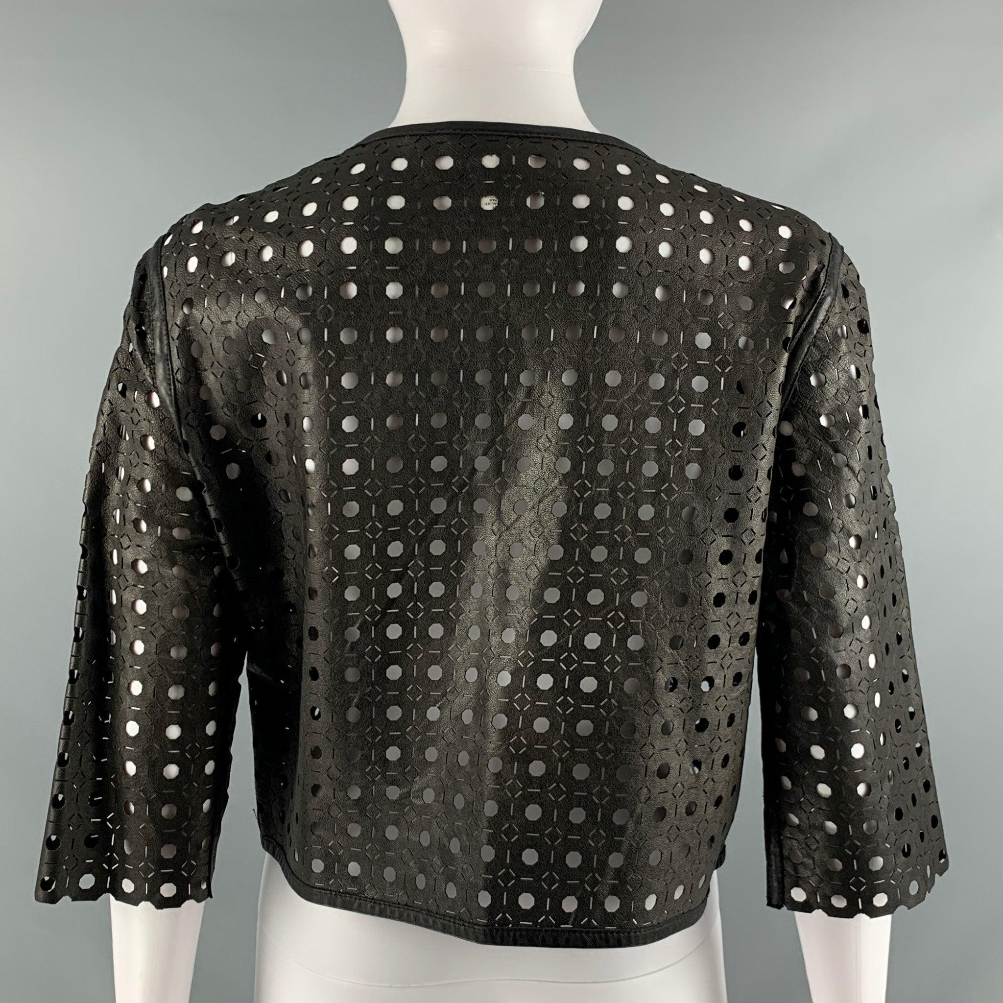 Women's MILLY Size M Black Perforated Lambskin 3/4 Sleeves Jacket