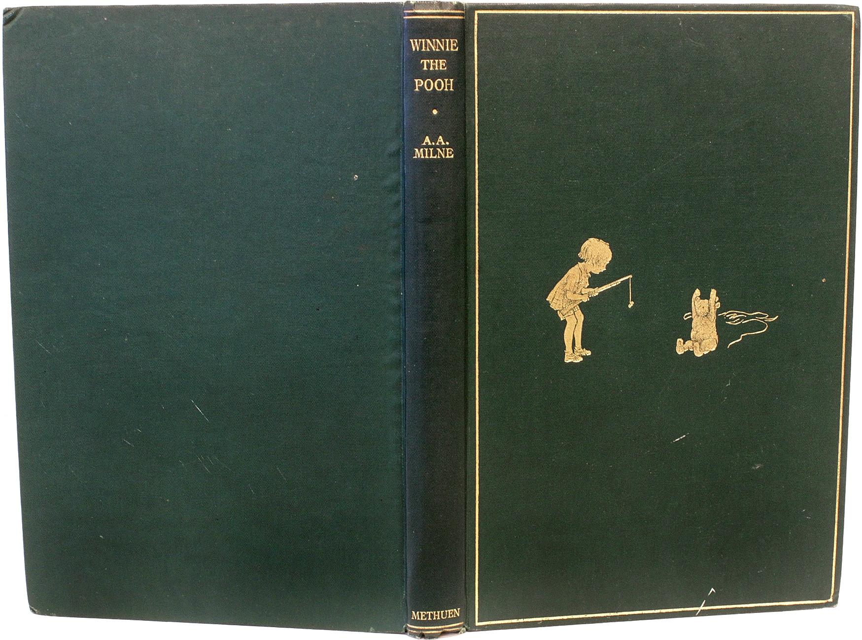 AUTEUR : MILNE, A. A. 

TITRE : Winnie l'ourson.

ÉDITEUR : Londres : Methuen & Co. Ltd, 1926.

DESCRIPTION : PREMIÈRE ÉDITION, PREMIÈRE IMPRESSION. 1 volume, illustré par E. H. Shephard. Reliure de l'éditeur en toile verte estampillée, tranche