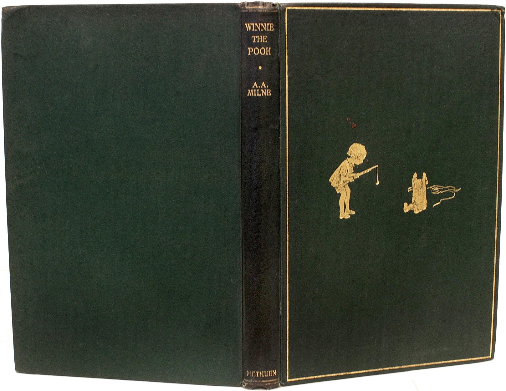 AUTHOR: MILNE, A. A.

TITLE: Winnie The Pooh.

PUBLISHER: London: Methuen & Co. Ltd., 1926.

DESCRIPTION: FIRST EDITION FIRST PRINTING. 1 volume, illustrated by E. H. Shephard. Bound in the publisher's original gilt stamped green cloth, top edge
