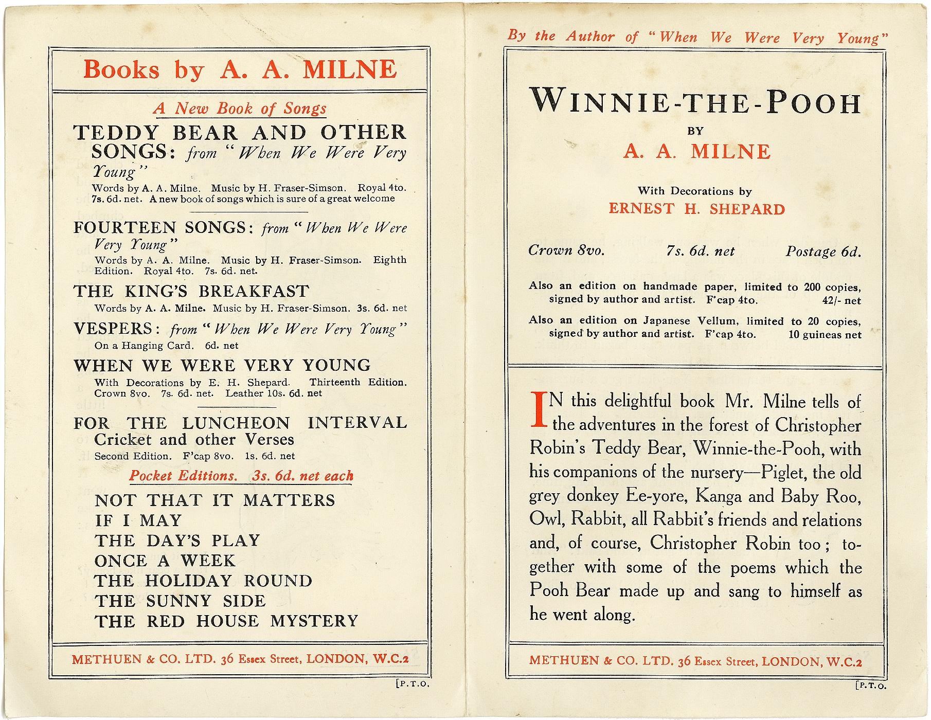 British Milne, A. A. Winnie the Pooh, 'Specimen Page, 1926' For Sale