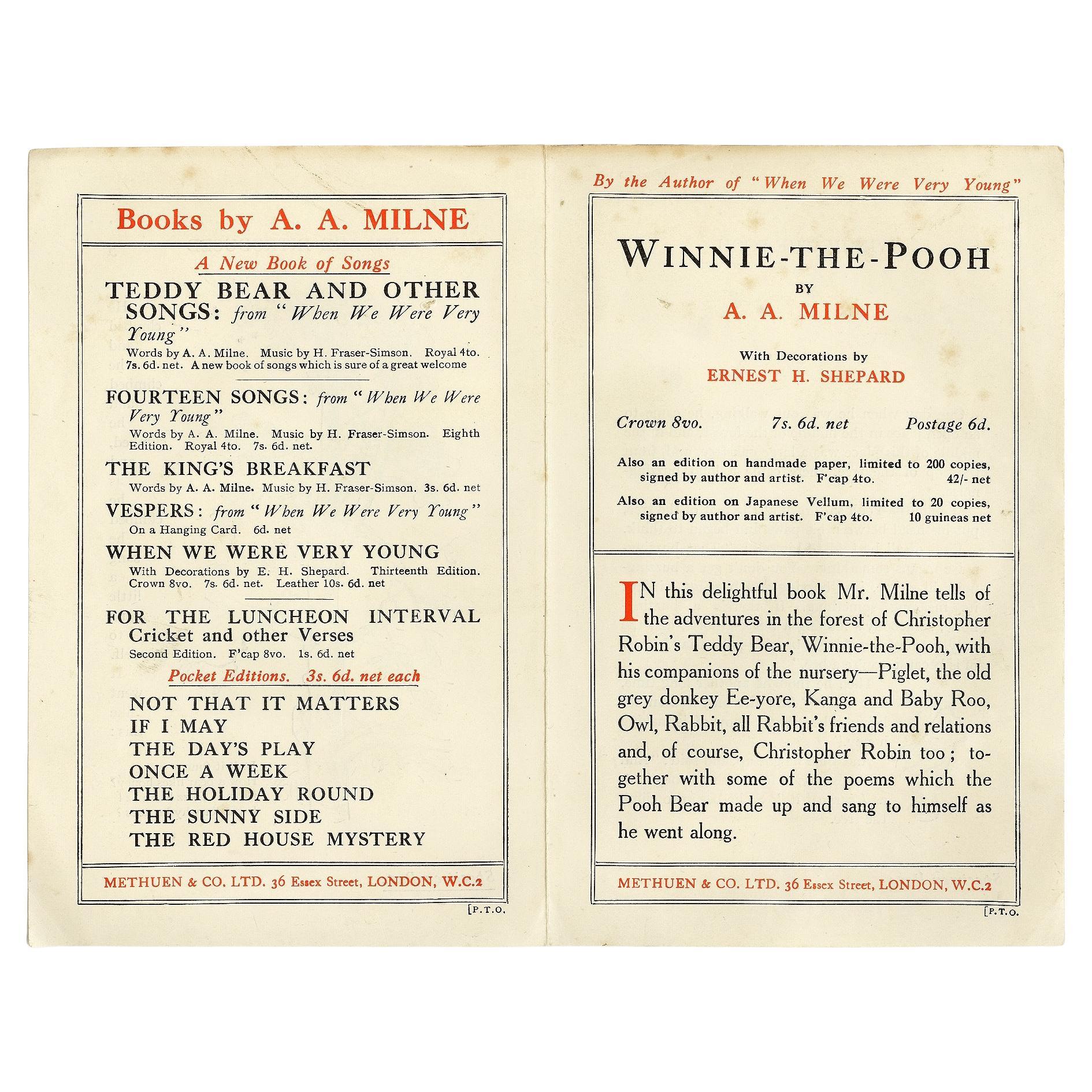 Milne, A. A. Winnie the Pooh, 'Specimen Page, 1926' For Sale
