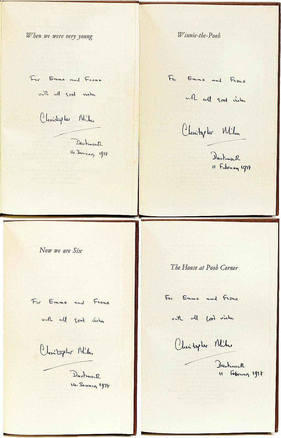 AUTHOR: MILNE, A. A. 

TITLE: When We Were Very Young - Winnie The Pooh - House At Pooh Corner - Now We Are Six.

PUBLISHER: London: Methuen Children's Books, 1977.

DESCRIPTION: INSCRIBED BY CHRISTOPHER (ROBIN) MILNE IN EACH VOLUME. 4 vols.,