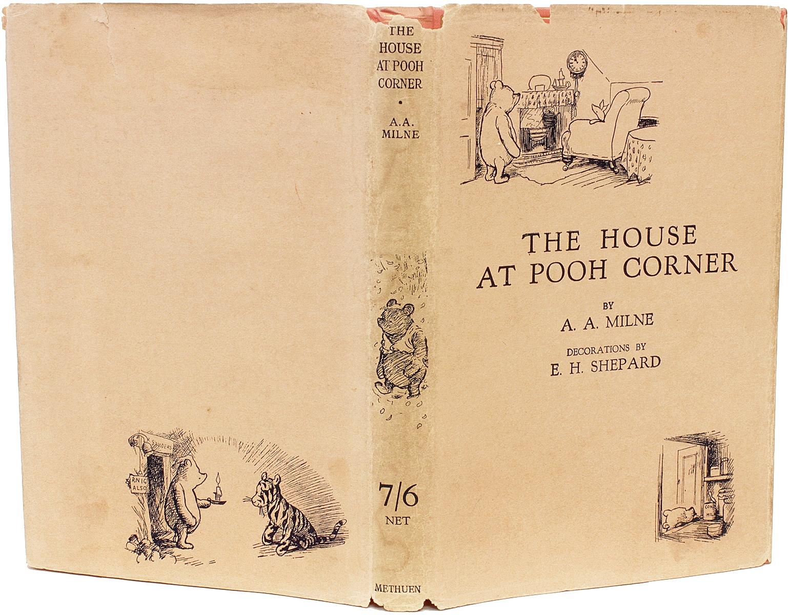 AUTHOR: MILNE, A. A.. 

TITLE: The House At Pooh Corner.

PUBLISHER: London: Methuen & Co. Ltd., 1928.

DESCRIPTION: FIRST EDITION. 1 volume, illustrated by E. H. Shephard. Bound in the publisher's original gilt stamped pink cloth, top edge