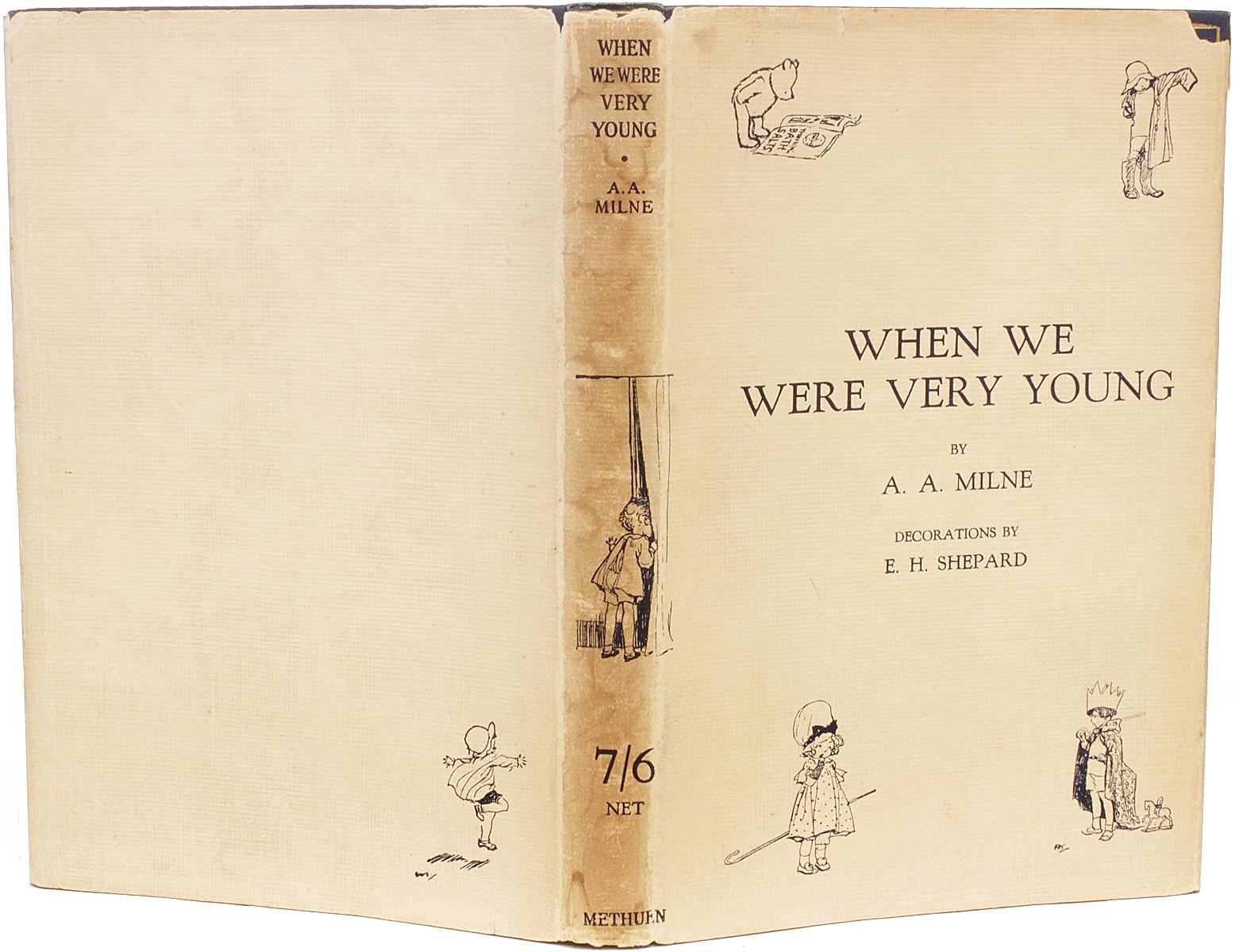 Author: MILNE, A. A.

Title: When We Were Very Young.

Publisher: London: Methuen & Co. Ltd., 1924.

FIRST EDITION. 1 volume, second state of page 9 (no priority), blank pastedowns and endpapers, illustrated by E. H. Shepard, with the original