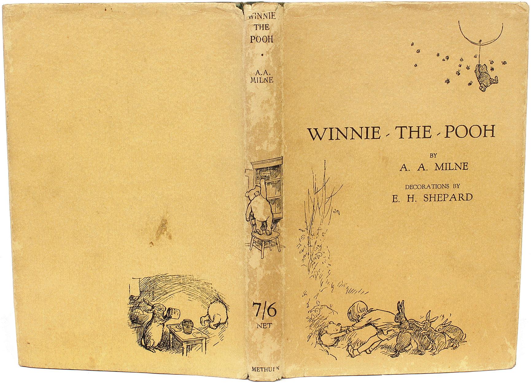 AUTHOR: MILNE, A. A. 

TITLE: Winnie The Pooh.

PUBLISHER: London: Methuen & Co. Ltd., 1926.

DESCRIPTION: FIRST EDITION FIRST ISSUE WITH A DJ. 1 volume, illustrated by E. H. Shephard. Bound in the publisher's original gilt stamped green cloth, top