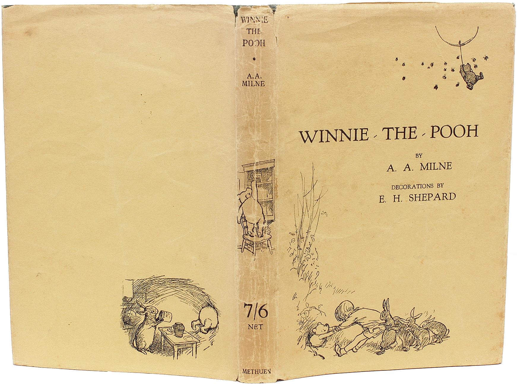 AUTHOR: MILNE, A. A.. 

TITLE: Winnie The Pooh.

PUBLISHER: London: Methuen & Co. Ltd., 1926.

DESCRIPTION: FIRST EDITION FIRST ISSUE WITH THE DJ. 1 volume, illustrated by E. H. Shephard. Bound in the publisher's original gilt stamped green cloth,