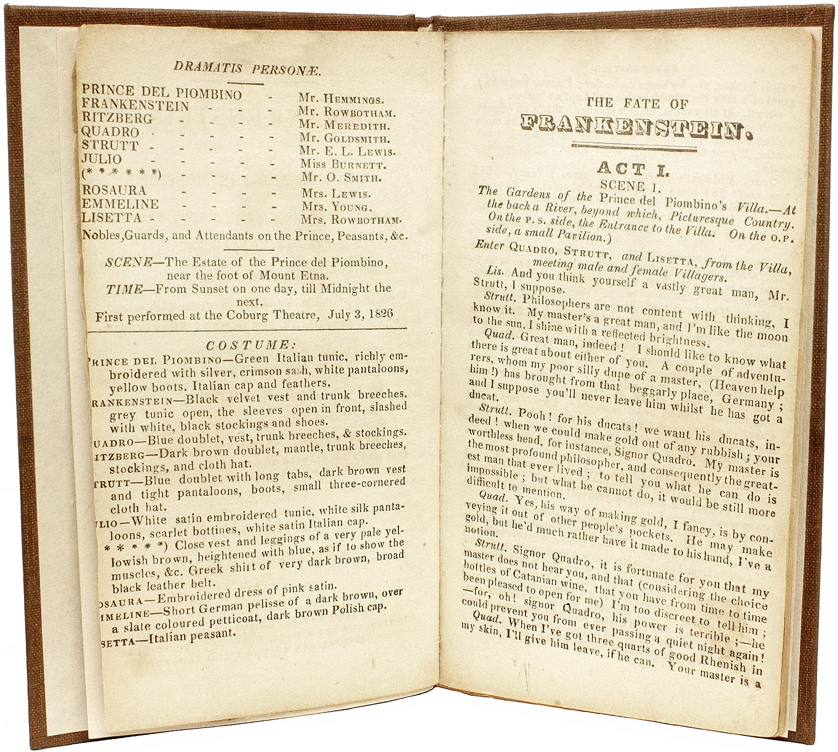 AUTEUR : A&M, H. M. [Mary Shelley].

TITRE : Frankenstein, ou l'homme et le monstre !

ÉDITEUR : Londres, pour Duncombe, n.d., [1826].

DESCRIPTION : 1 vol. 5-13/16